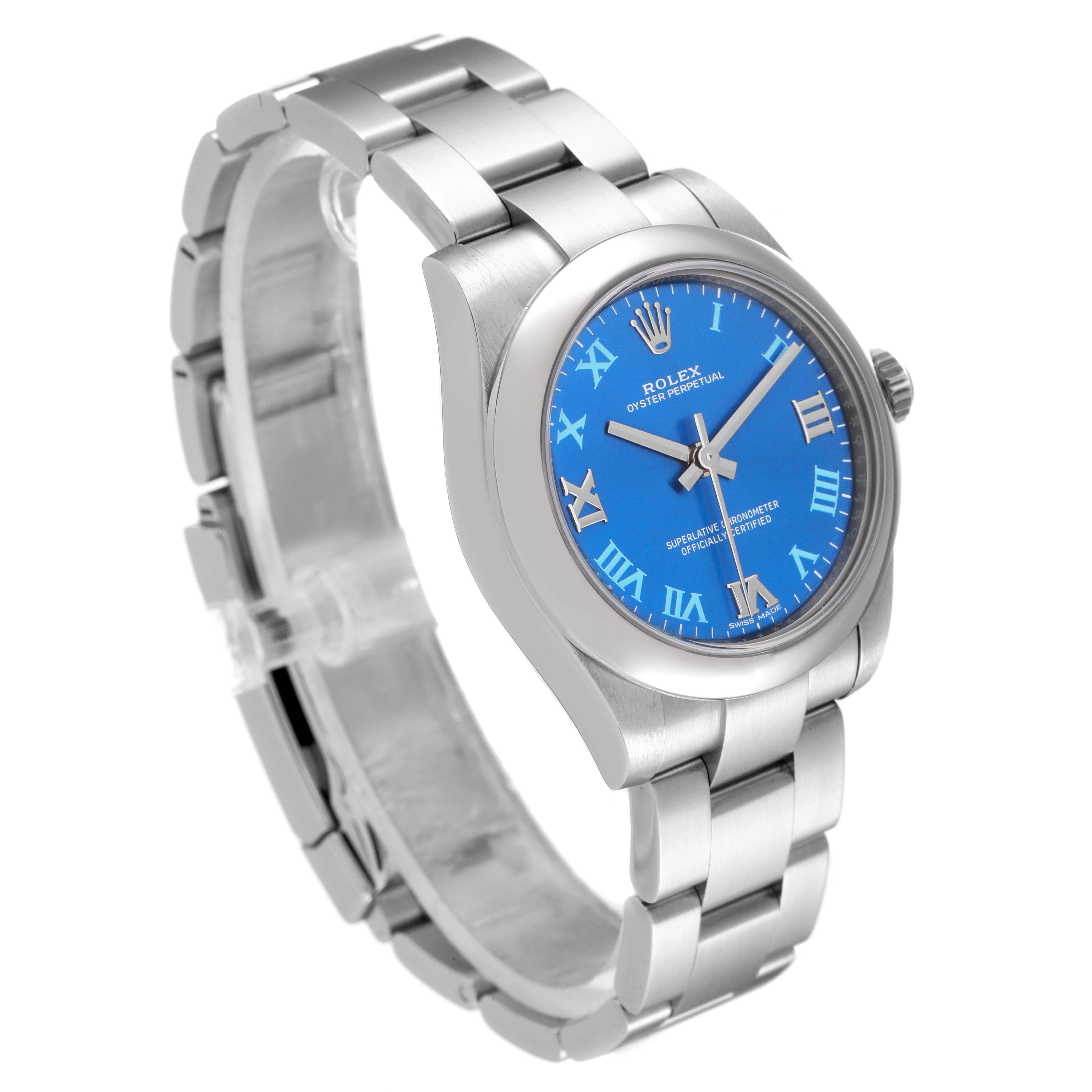 The Rolex Mid-Size 177200 Women
s Stainless Steel Blue Dial 177200 Women
s Stainless Steel Blue Dial watch is shown at an angled view, displaying its blue dial, stainless steel case, and bracelet.