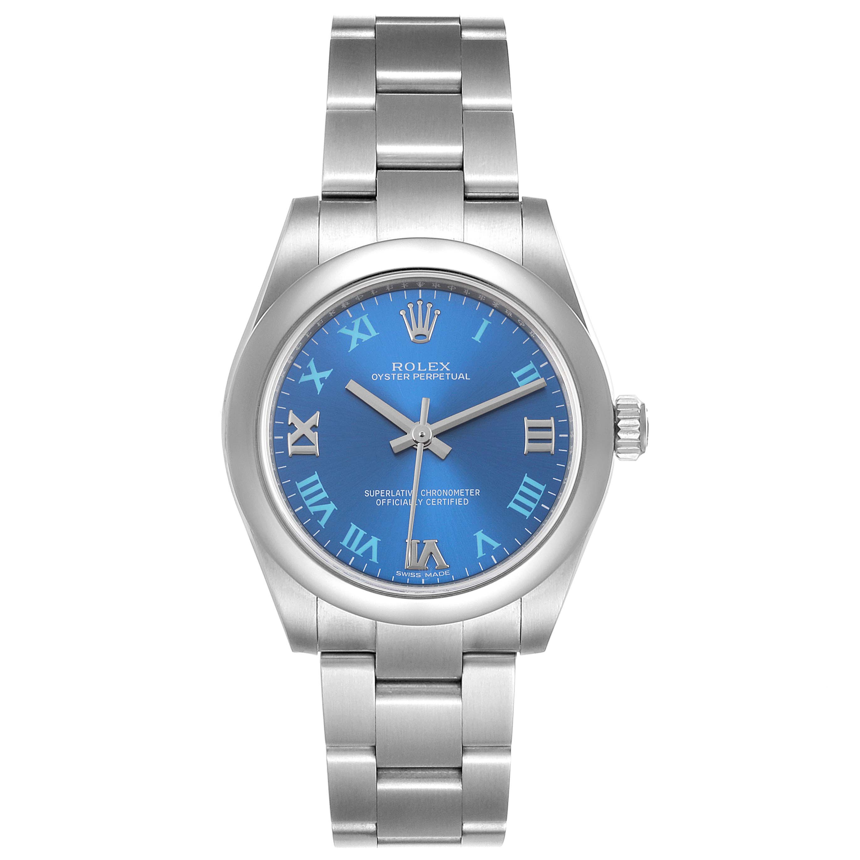 The image shows a front view of the Rolex Mid-Size 177200 Women
s Stainless Steel Blue Dial 177200 Women
s Stainless Steel Blue Dial Oyster Perpetual watch, highlighting the blue dial, stainless steel case, and bracelet.