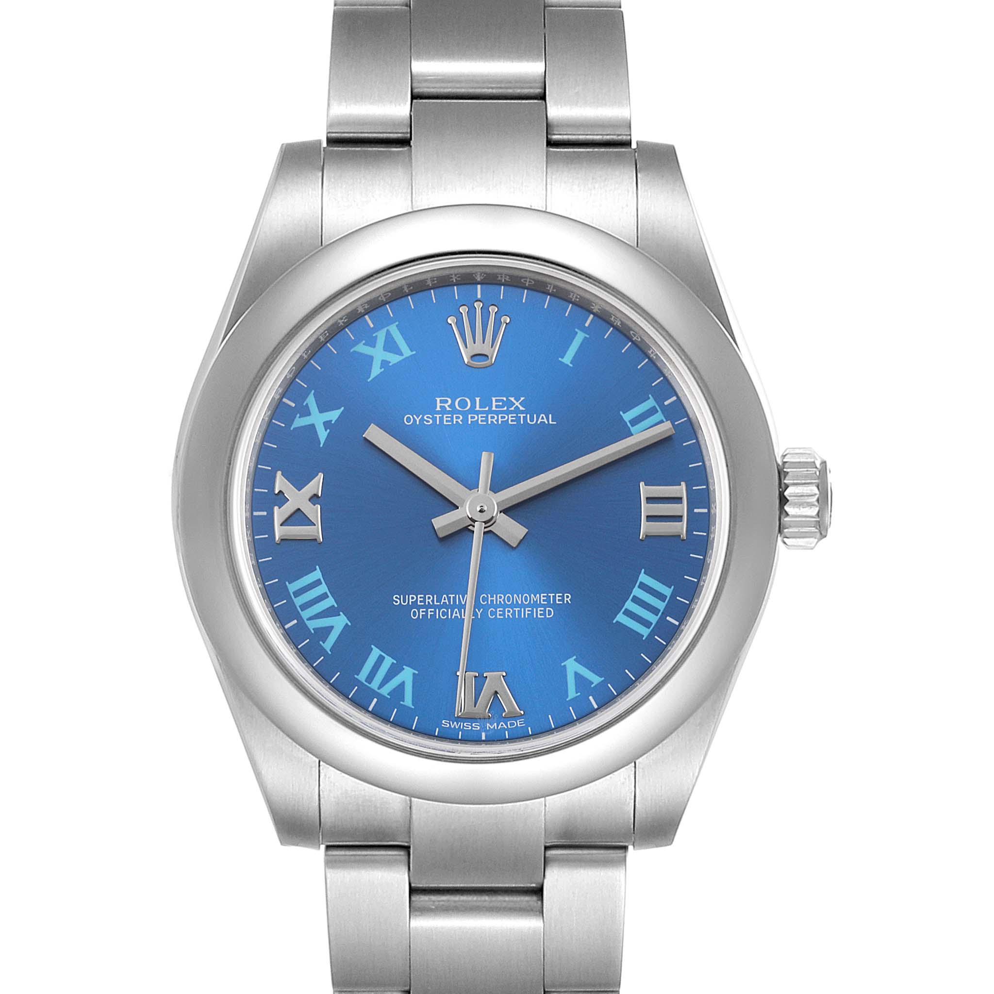 The image shows a frontal view of a Rolex Oyster Perpetual Mid-Size model, highlighting its blue dial, hands, and part of its metal bracelet.