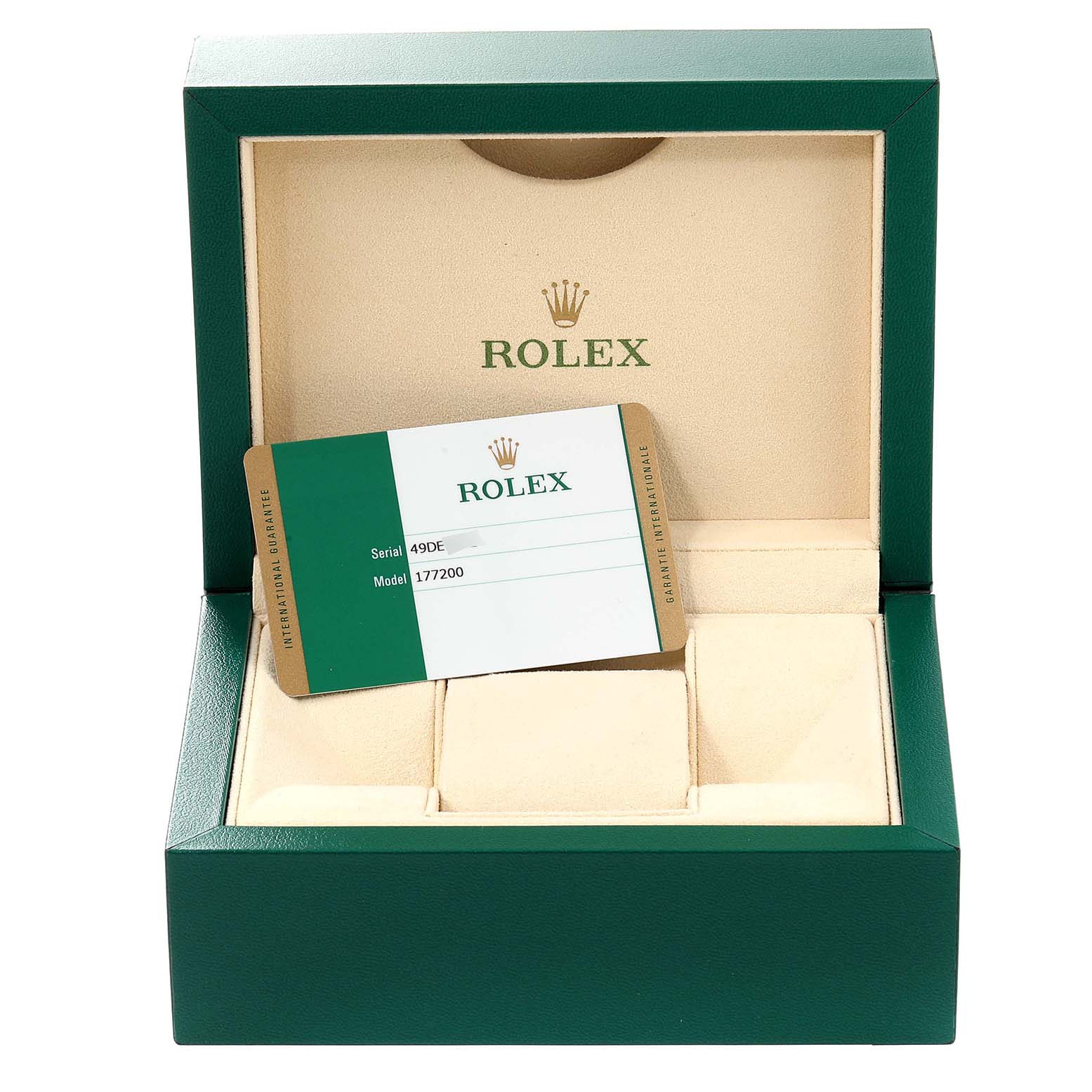 The image shows an empty Rolex Mid-Size 177200 Women
s Stainless Steel Blue Dial 177200 Women
s Stainless Steel Blue Dial model watch box with a Rolex certification card inside.