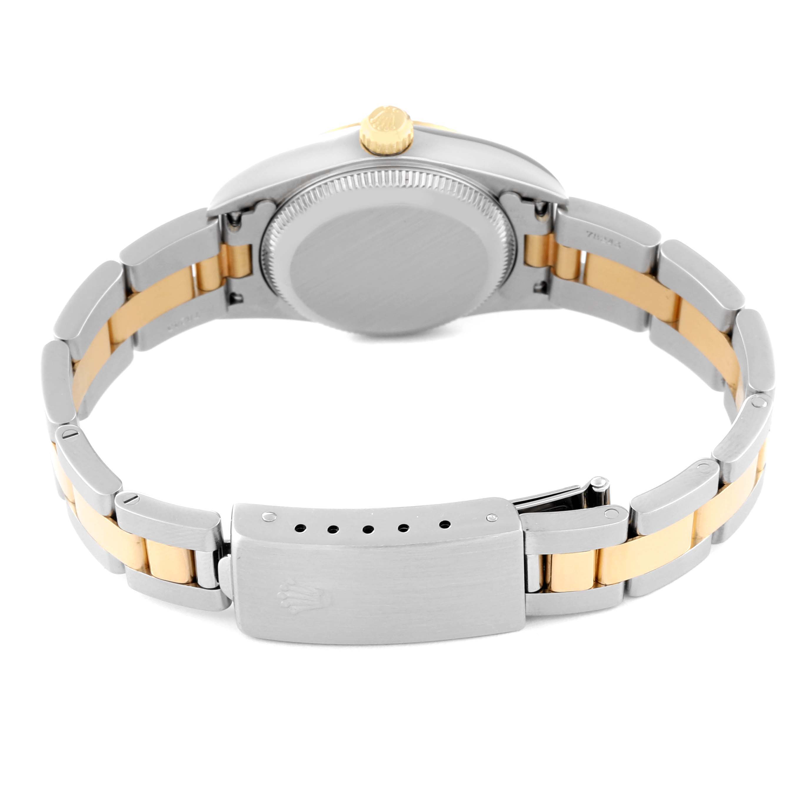This image shows the back view of a Rolex Oyster Perpetual 76193 Women's Steel and Gold (two tone) Black Dial 76193 Women's Steel and Gold (two tone) Black Dial watch, highlighting the bracelet and clasp.