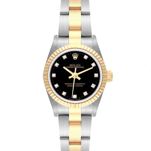 Photo of Rolex Oyster Perpetual Steel Yellow Gold Black Diamond Dial Ladies Watch 76193