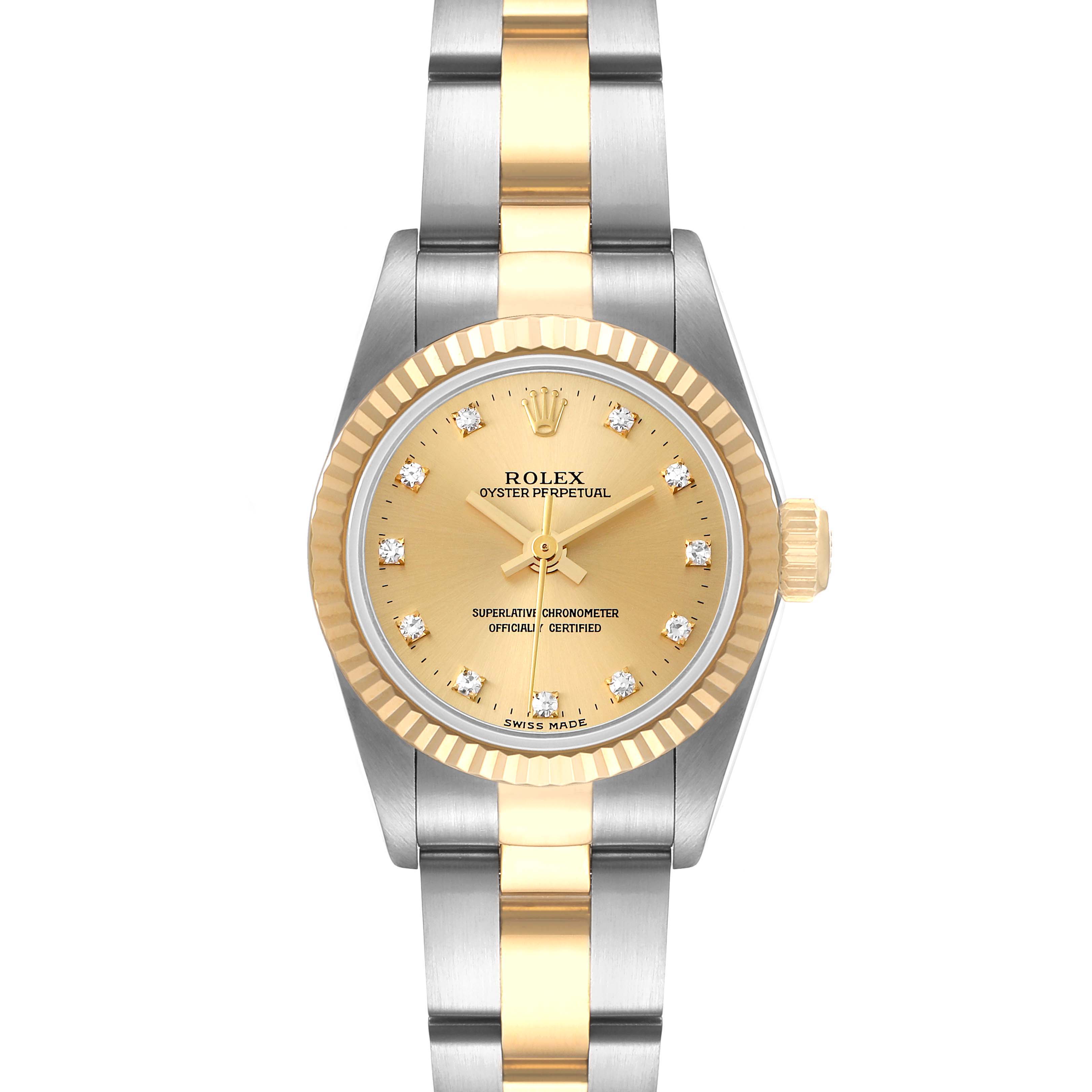 The image shows a front view of a Rolex Oyster Perpetual 67193 Women
s Steel and Gold (two tone) Champagne Dial 67193 Women
s Steel and Gold (two tone) Champagne Dial watch with a two-tone metal bracelet and a gold dial.