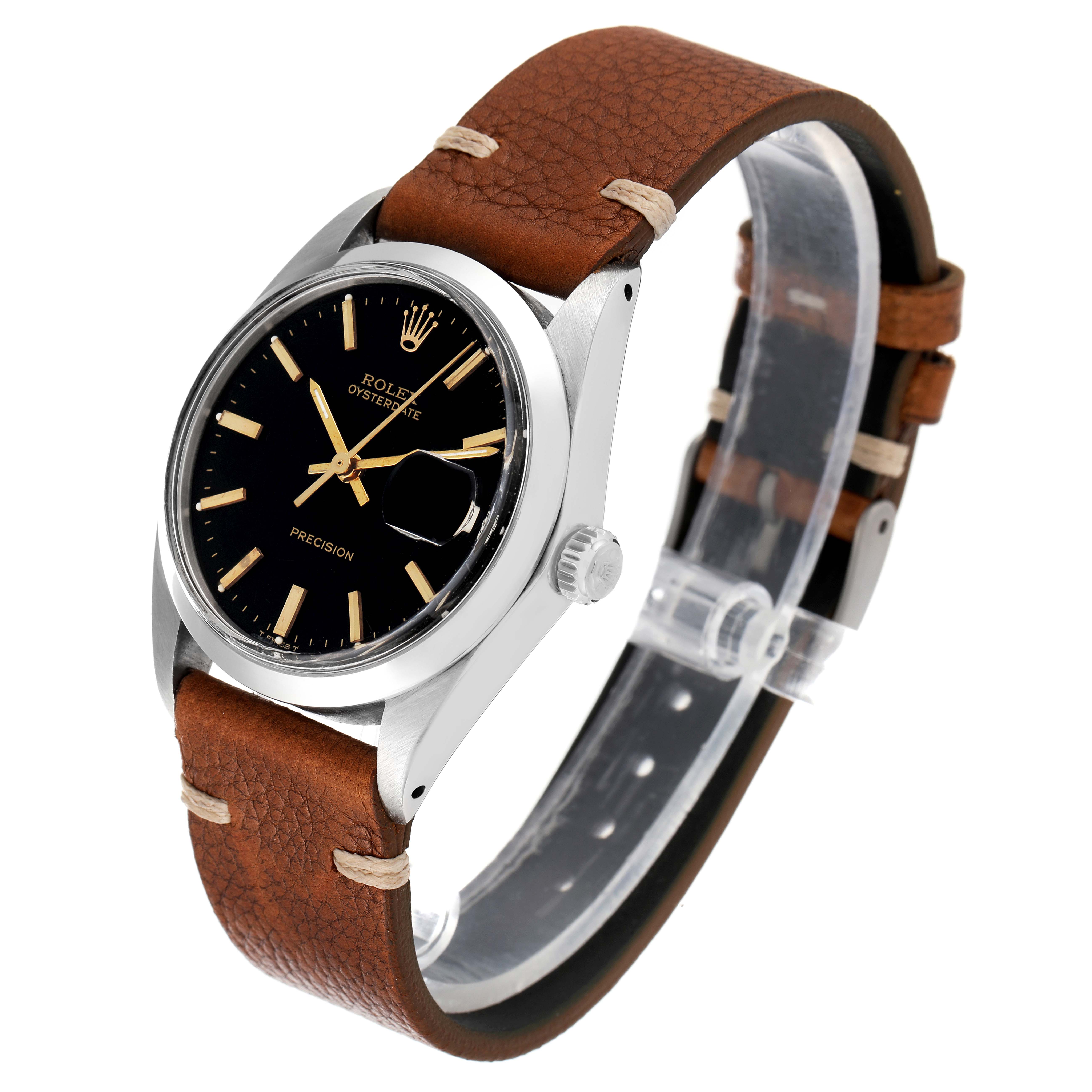 This image shows a Rolex Date 6694 Men's Stainless Steel Black Dial 6694 Men's Stainless Steel Black Dial model watch with a black dial and brown leather strap, viewed at an angle emphasizing the face and band.