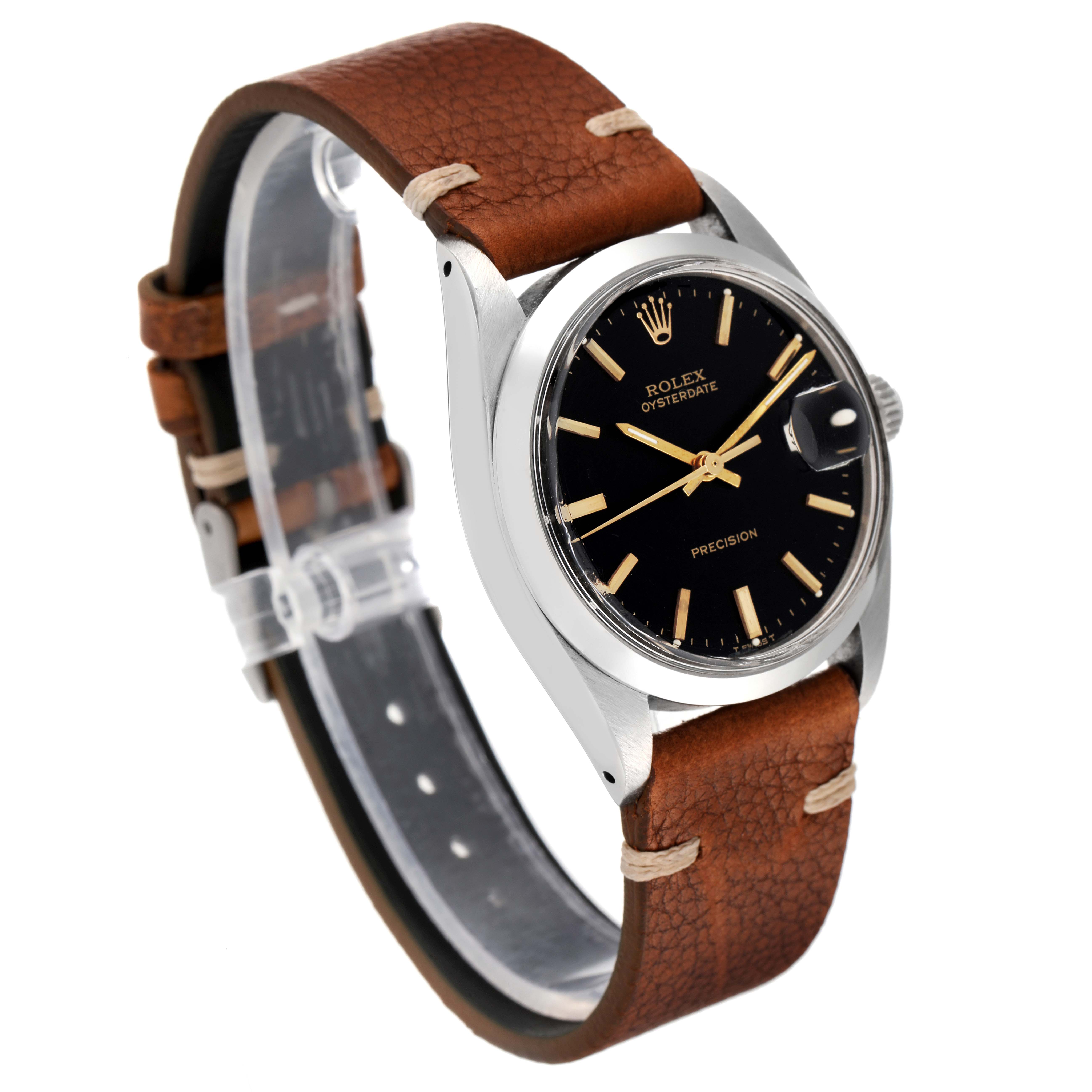 This image shows a Rolex Date 6694 Men's Stainless Steel Black Dial 6694 Men's Stainless Steel Black Dial model watch at a three-quarter angle, highlighting its face, casing, and leather strap.