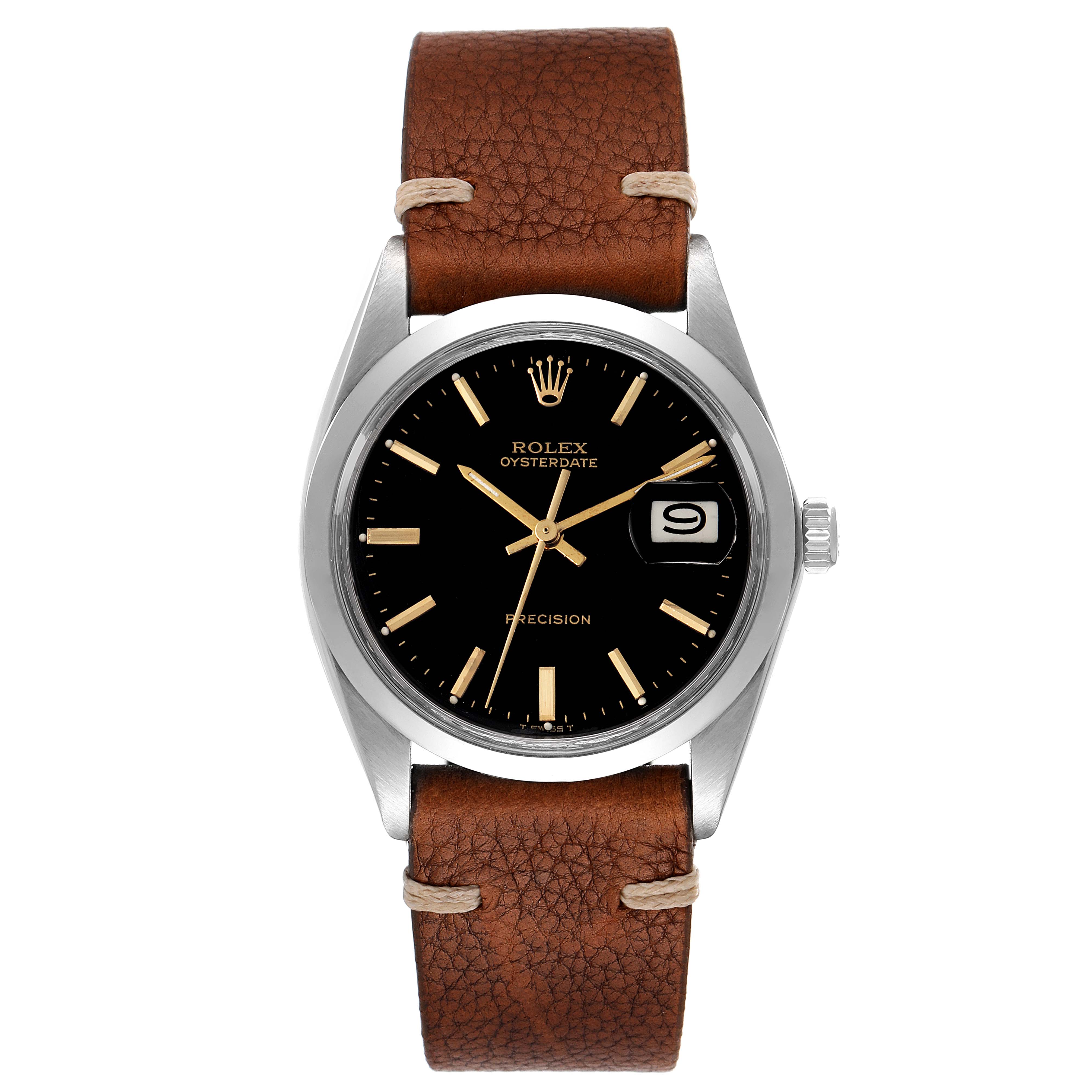 This image shows a frontal view of a Rolex Oysterdate Precision watch with a black dial and brown leather strap.