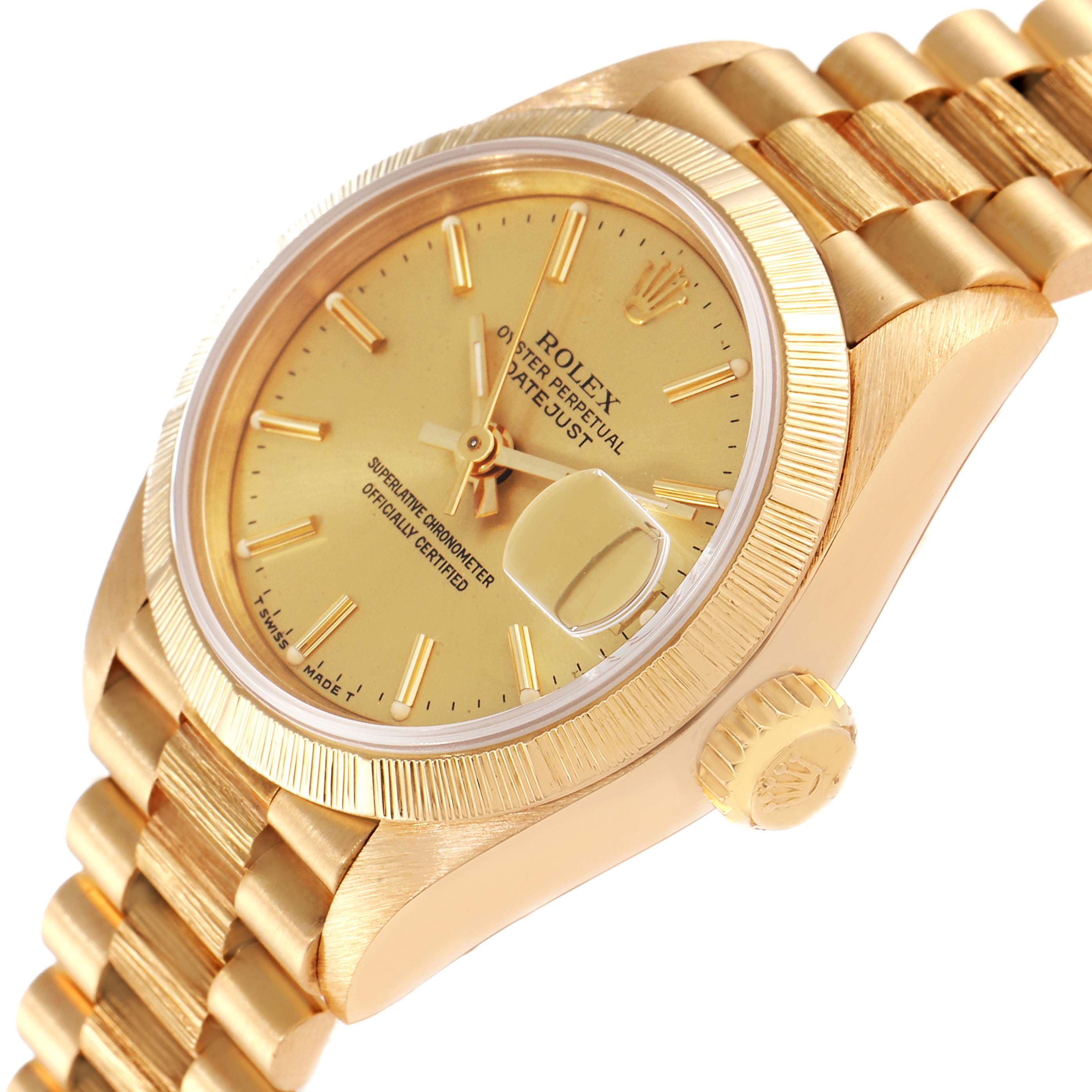 The Rolex President 69278 Women
s Yellow Gold Champagne Dial 69278 Women
s Yellow Gold Champagne Dial model watch is shown at an angled view highlighting its gold case, dial, bracelet, and crown.