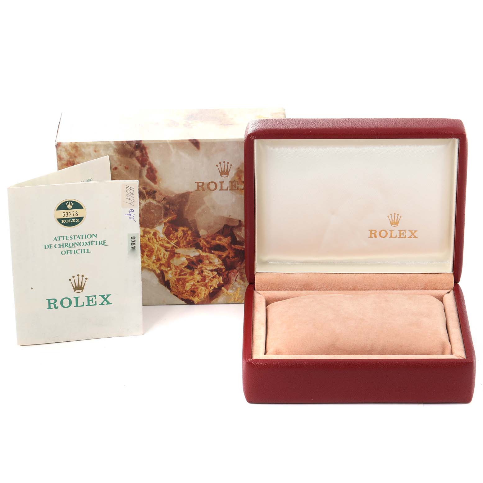 The image shows an open Rolex President 69278 Women
s Yellow Gold Champagne Dial 69278 Women
s Yellow Gold Champagne Dial model watch box, the outer packaging, and an instruction booklet.