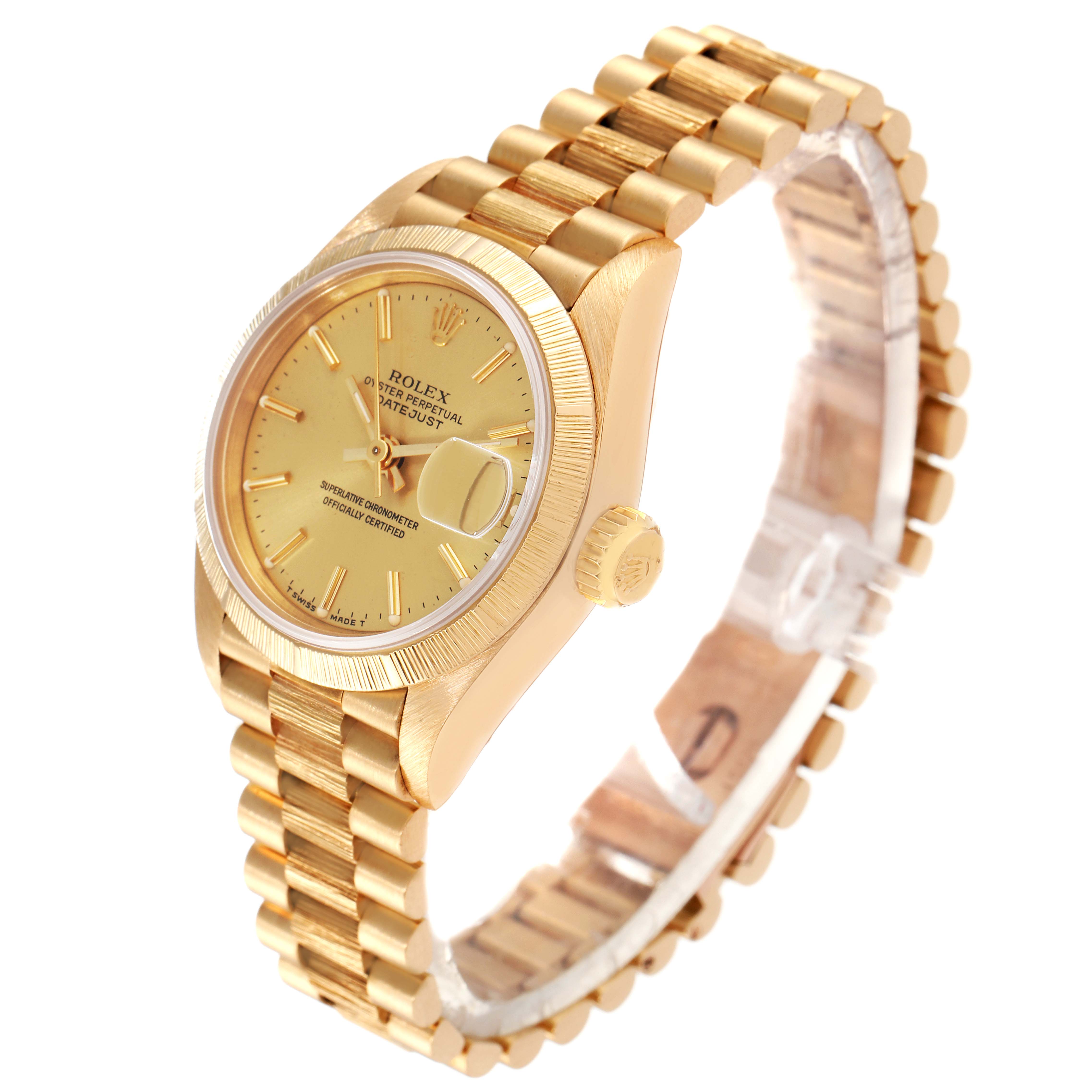 The image shows a Rolex President 69278 Women
s Yellow Gold Champagne Dial 69278 Women
s Yellow Gold Champagne Dial model watch angled to display its face, bracelet, and case.