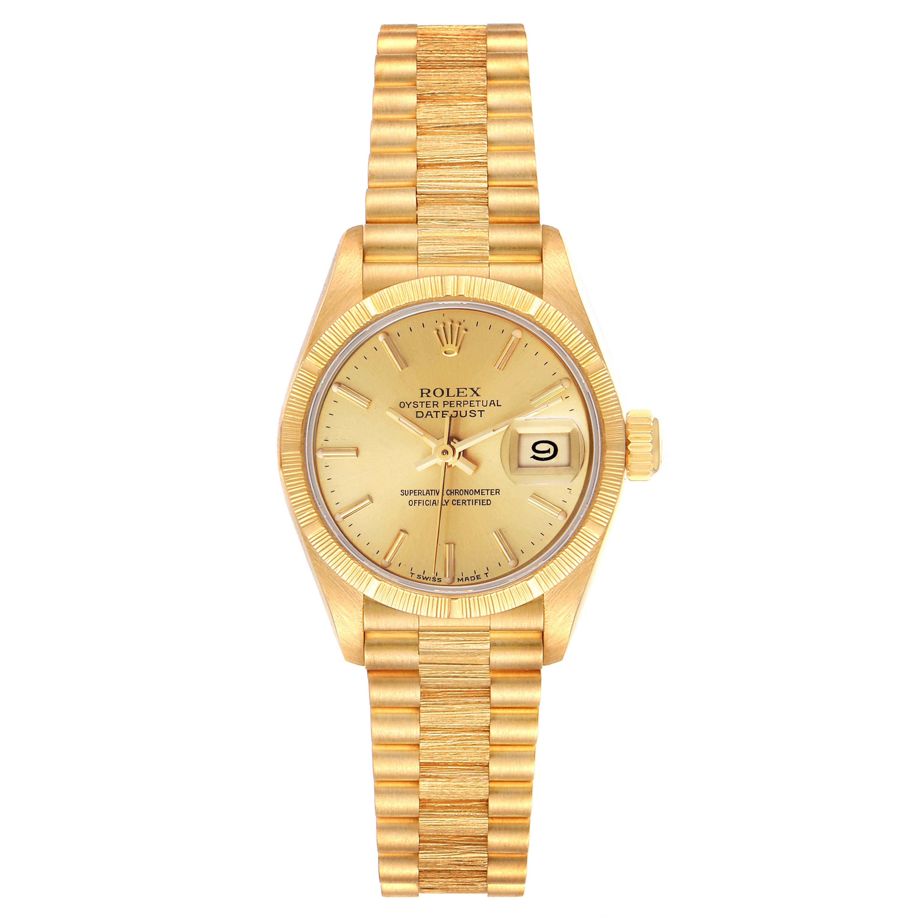 This is a front view of a Rolex President 69278 Women
s Yellow Gold Champagne Dial 69278 Women
s Yellow Gold Champagne Dial model watch showing the dial, bezel, case, crown, and bracelet.