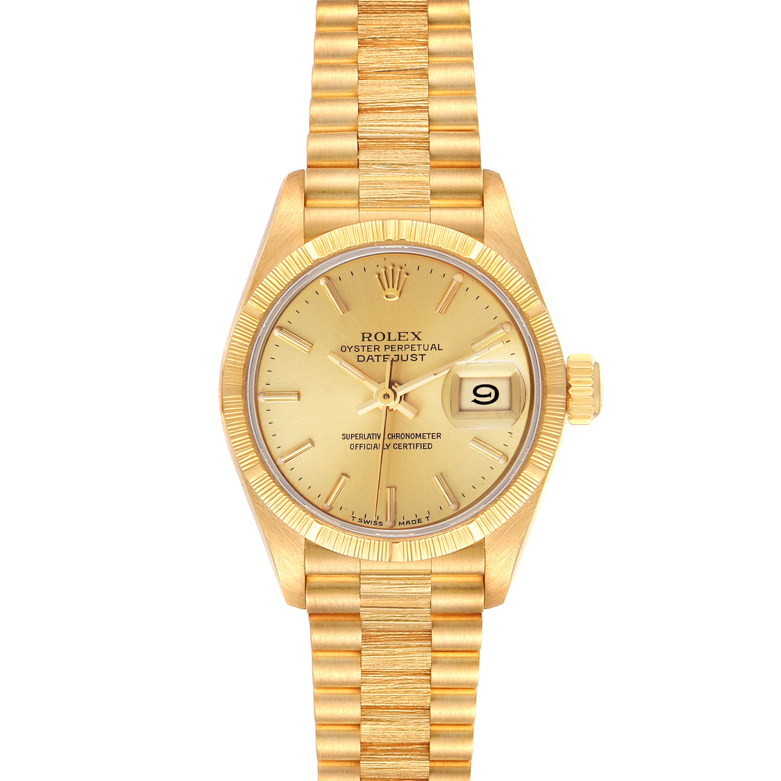 The image shows a front view of a gold Rolex President 69278 Women
s Yellow Gold Champagne Dial 69278 Women
s Yellow Gold Champagne Dial Oyster Perpetual Datejust, highlighting the dial, bracelet, and date window.