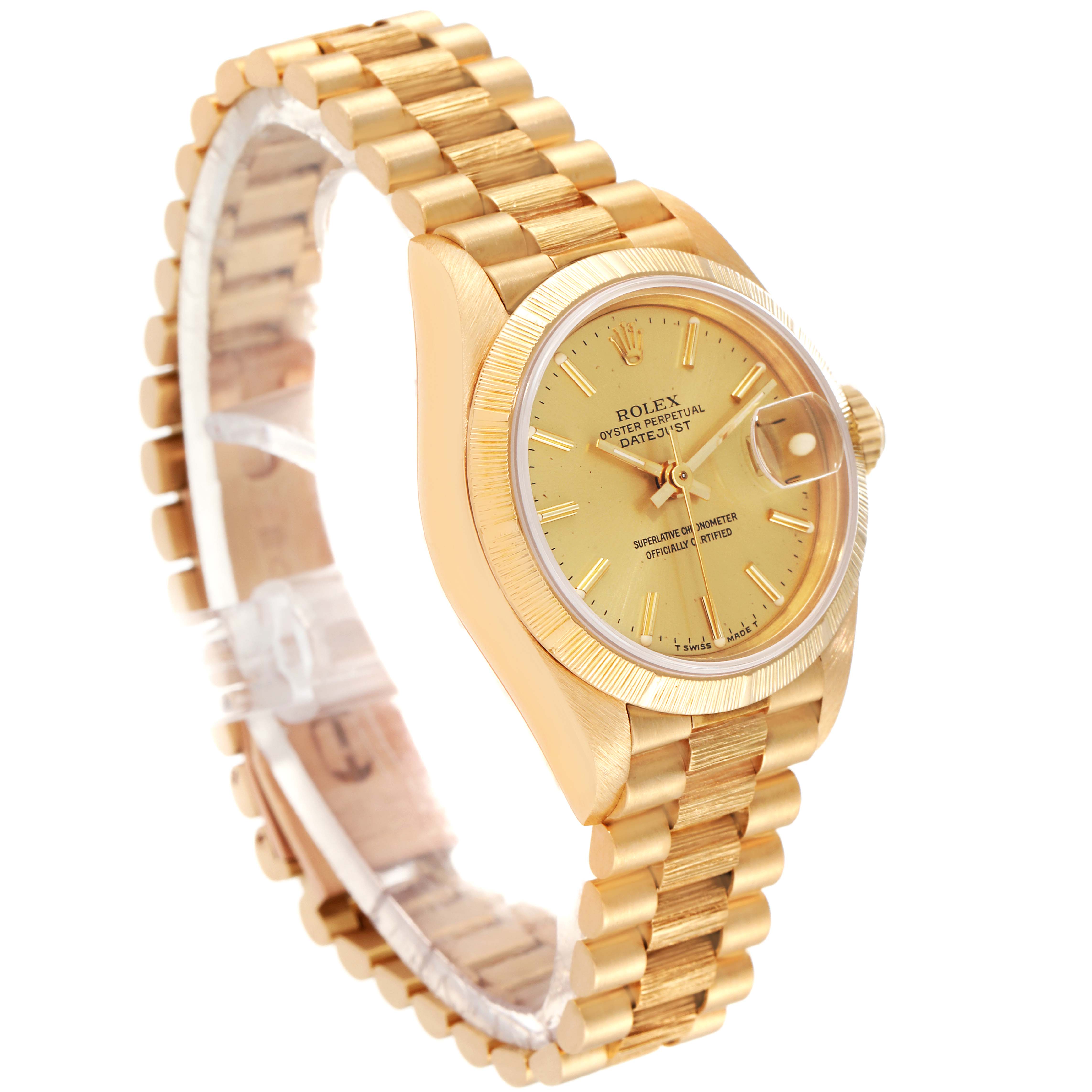 The Rolex President 69278 Women
s Yellow Gold Champagne Dial 69278 Women
s Yellow Gold Champagne Dial model watch is shown at an angled side view, highlighting the gold band, face, and bezel.