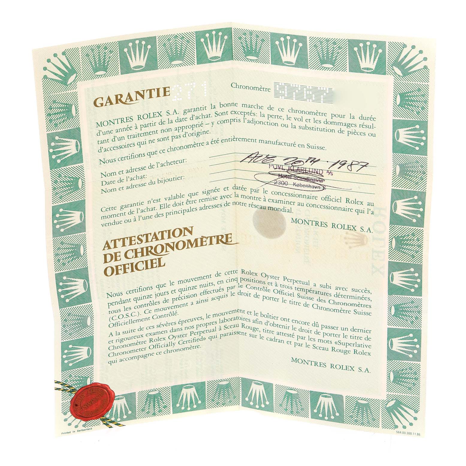 The image shows the warranty certificate for a Rolex President 69278 Women
s Yellow Gold Champagne Dial 69278 Women
s Yellow Gold Champagne Dial model, detailing the guarantee and chronometer certification.