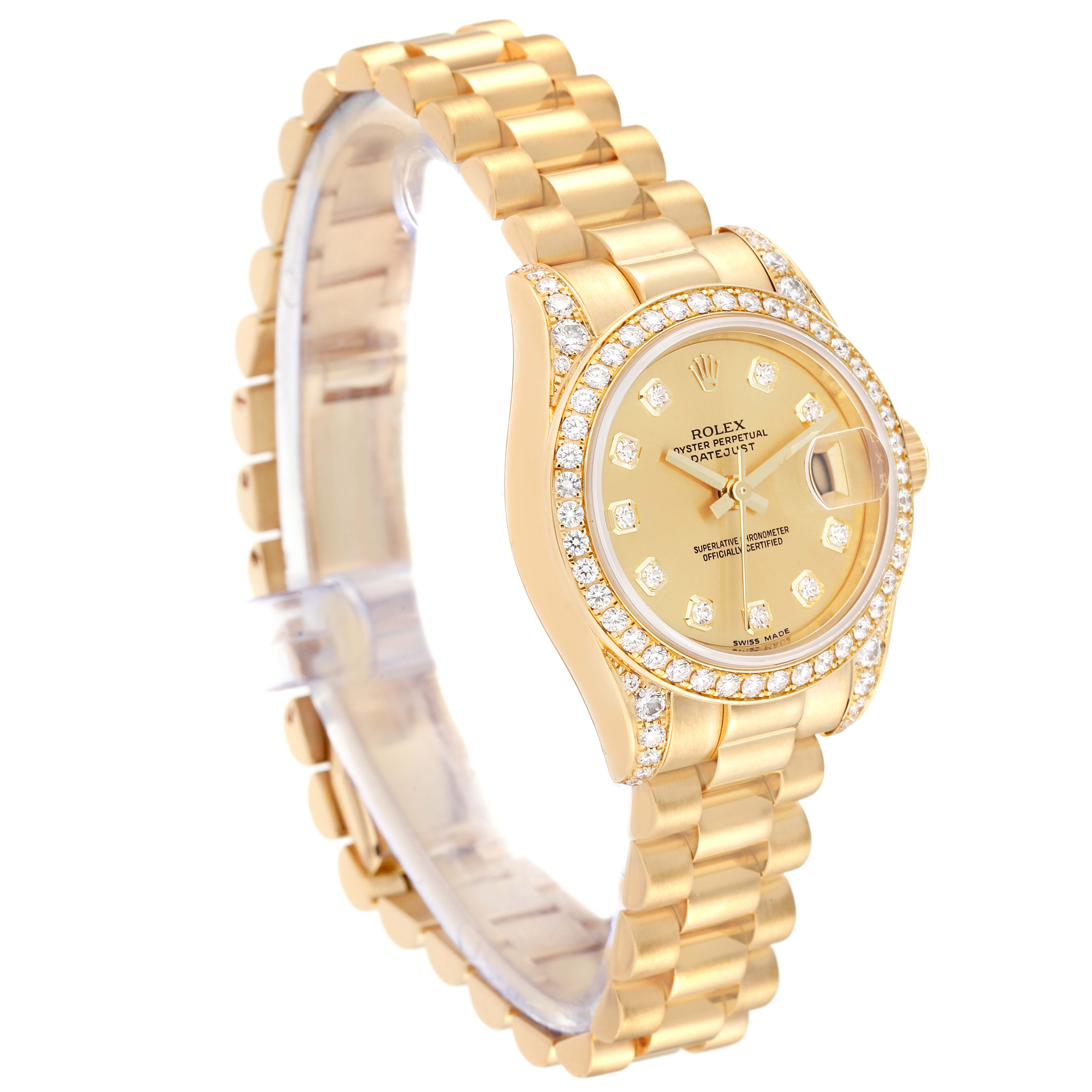 The image shows a Rolex President 179158 Women's Yellow Gold Champagne Dial 179158 Women's Yellow Gold Champagne Dial model watch at a slight angle, highlighting the dial, bezel, and bracelet.