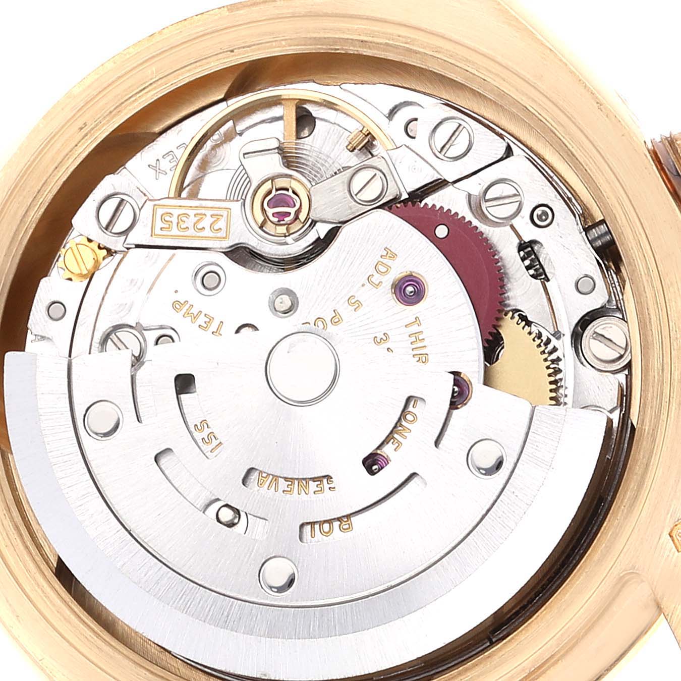 This image shows the internal mechanical movement of a Rolex President 179158 Women's Yellow Gold Champagne Dial 179158 Women's Yellow Gold Champagne Dial model watch from a top-down angle.