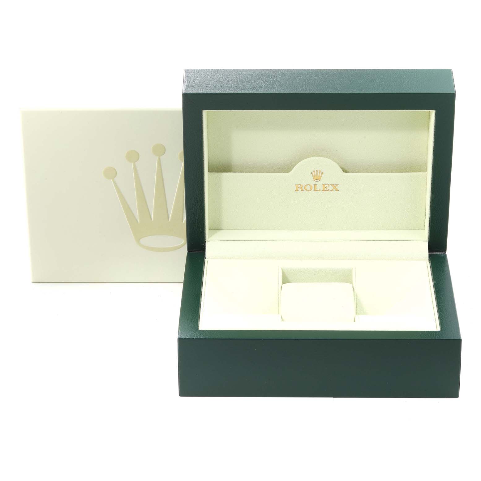 The image shows an open green Rolex watch box for the President model, displaying the interior and a cushion for the watch.
