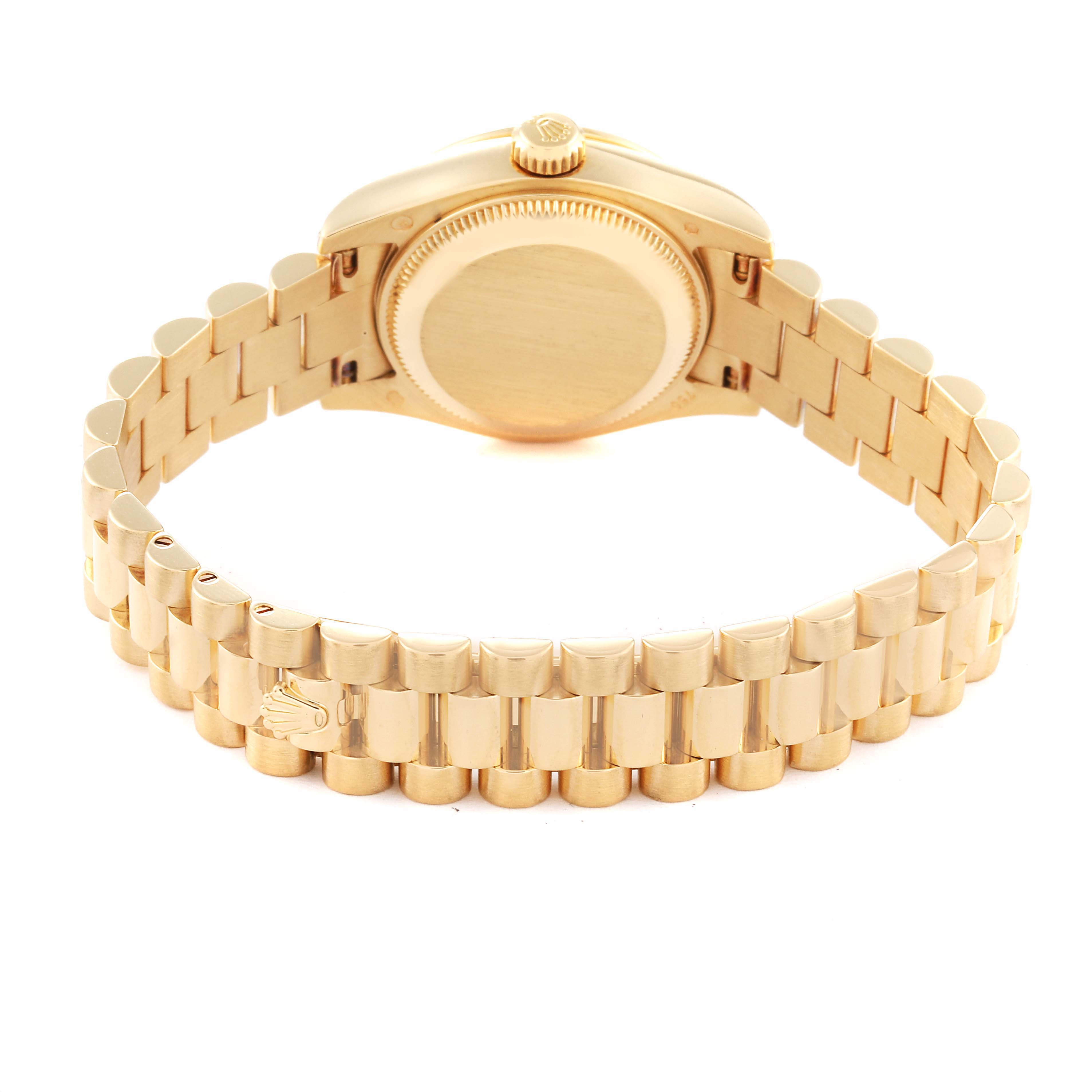 The image shows the back view of a Rolex President 179158 Women's Yellow Gold Champagne Dial 179158 Women's Yellow Gold Champagne Dial model watch, highlighting its case back and gold bracelet.