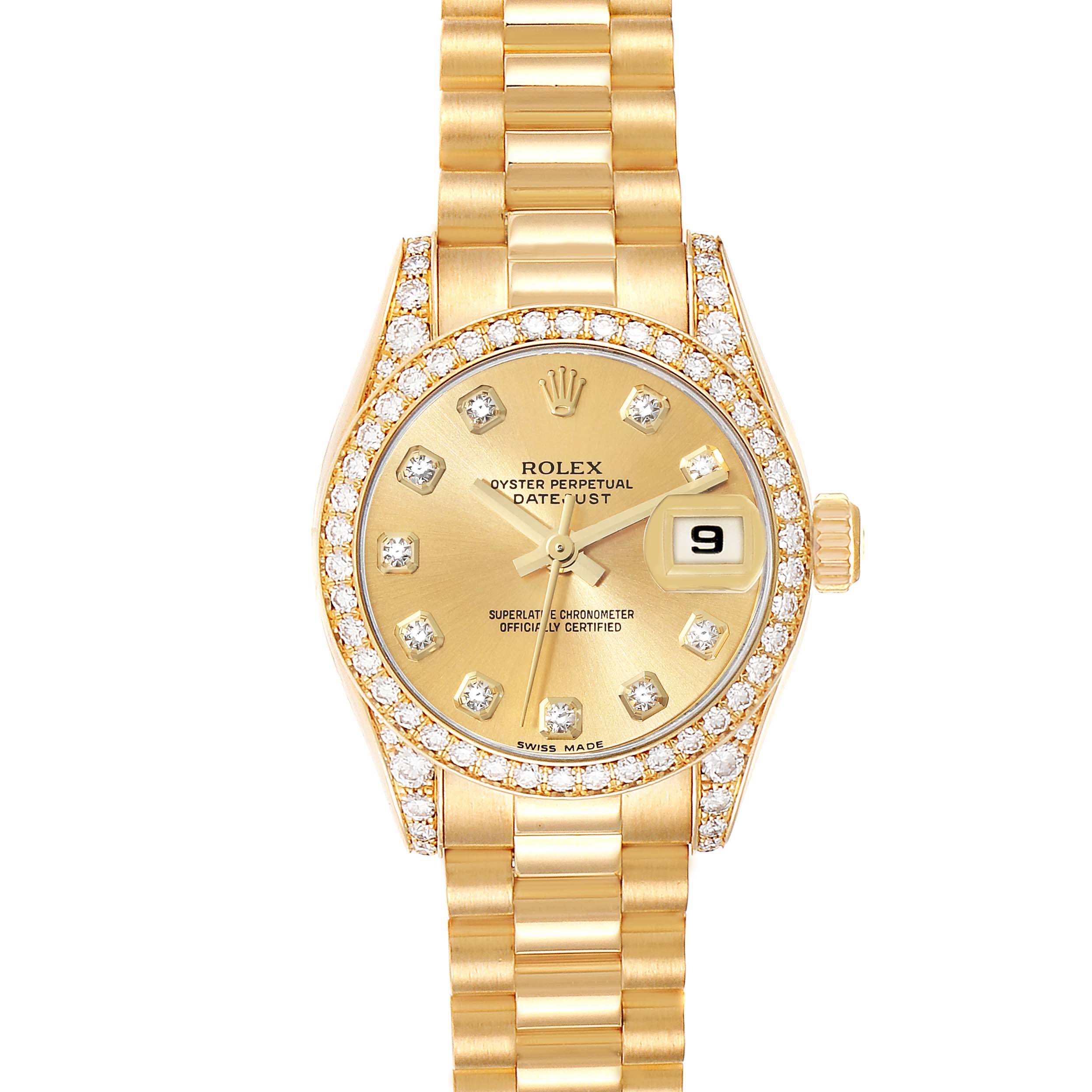 The image shows a frontal view of the Rolex President 179158 Women's Yellow Gold Champagne Dial 179158 Women's Yellow Gold Champagne Dial model watch, highlighting its gold band, diamond bezel, and gold dial.