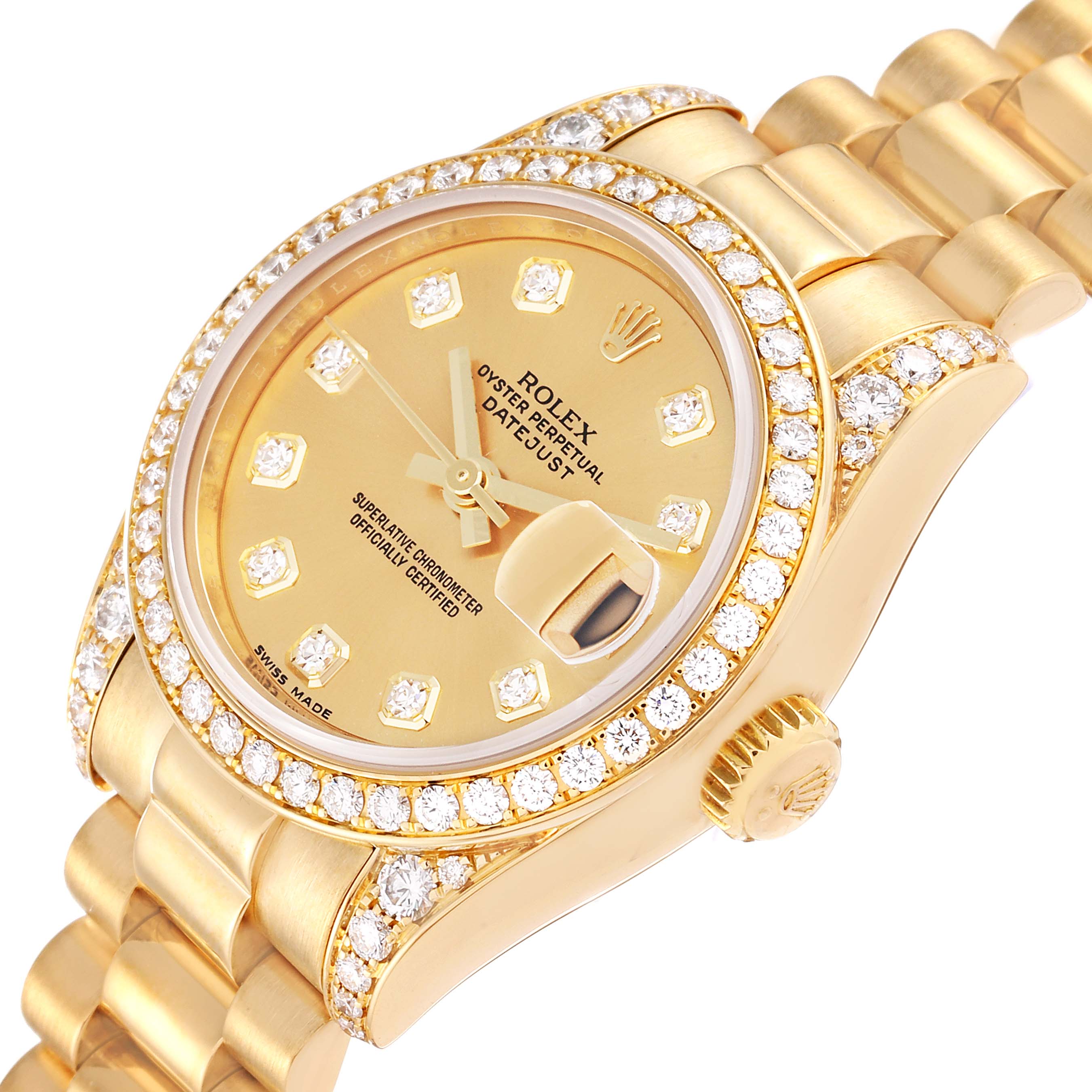 This image shows a Rolex President 179158 Women's Yellow Gold Champagne Dial 179158 Women's Yellow Gold Champagne Dial model watch at an angled view, highlighting its gold case, diamond bezel, and bracelet.