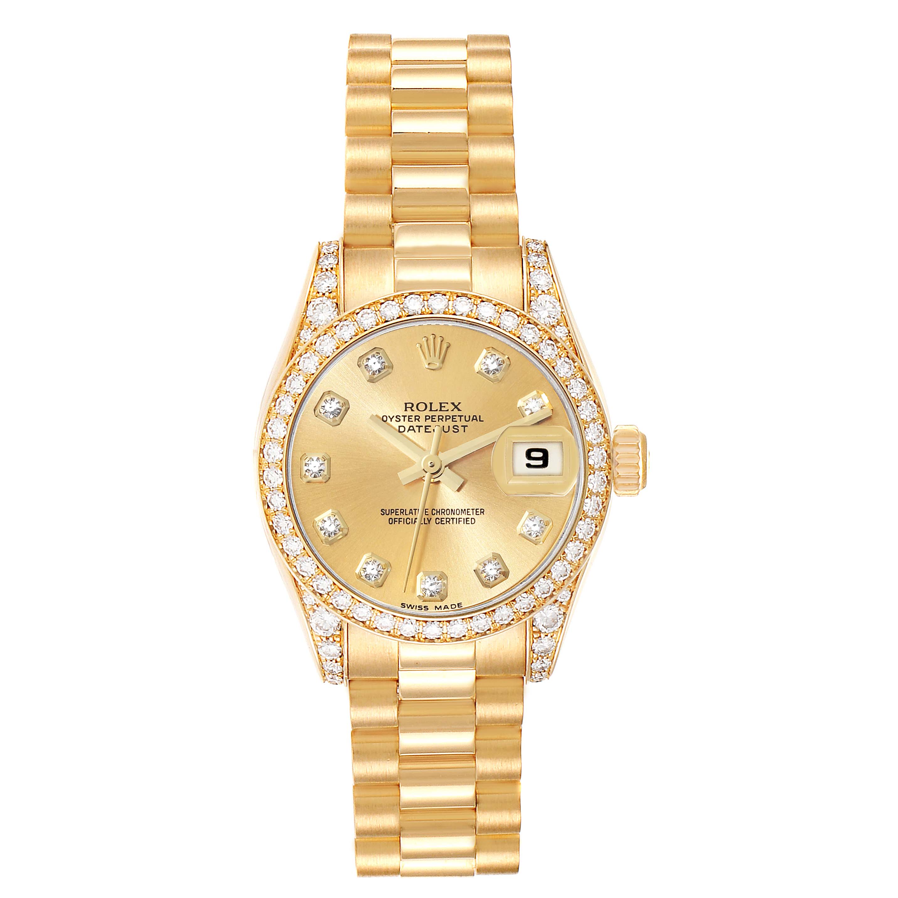 This image shows the front view of a Rolex President 179158 Women's Yellow Gold Champagne Dial 179158 Women's Yellow Gold Champagne Dial model watch, highlighting its gold band, diamond bezel, and dial with a date window.