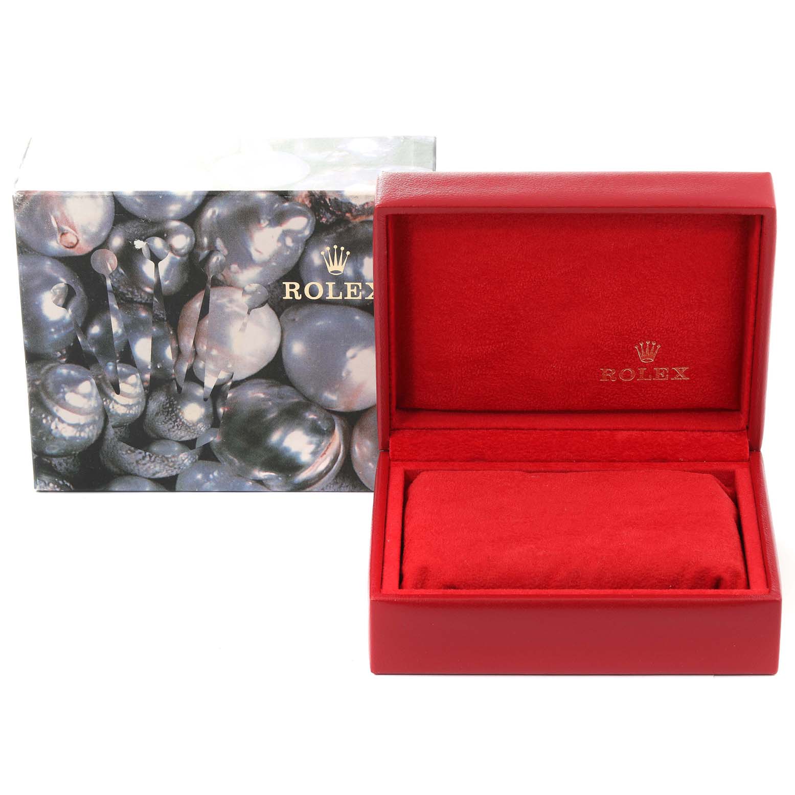 The image shows the box and inner case for the Rolex President 69178 Women
s Yellow Gold Champagne Dial 69178 Women
s Yellow Gold Champagne Dial model watch, featuring a red interior and an outer decorative box.