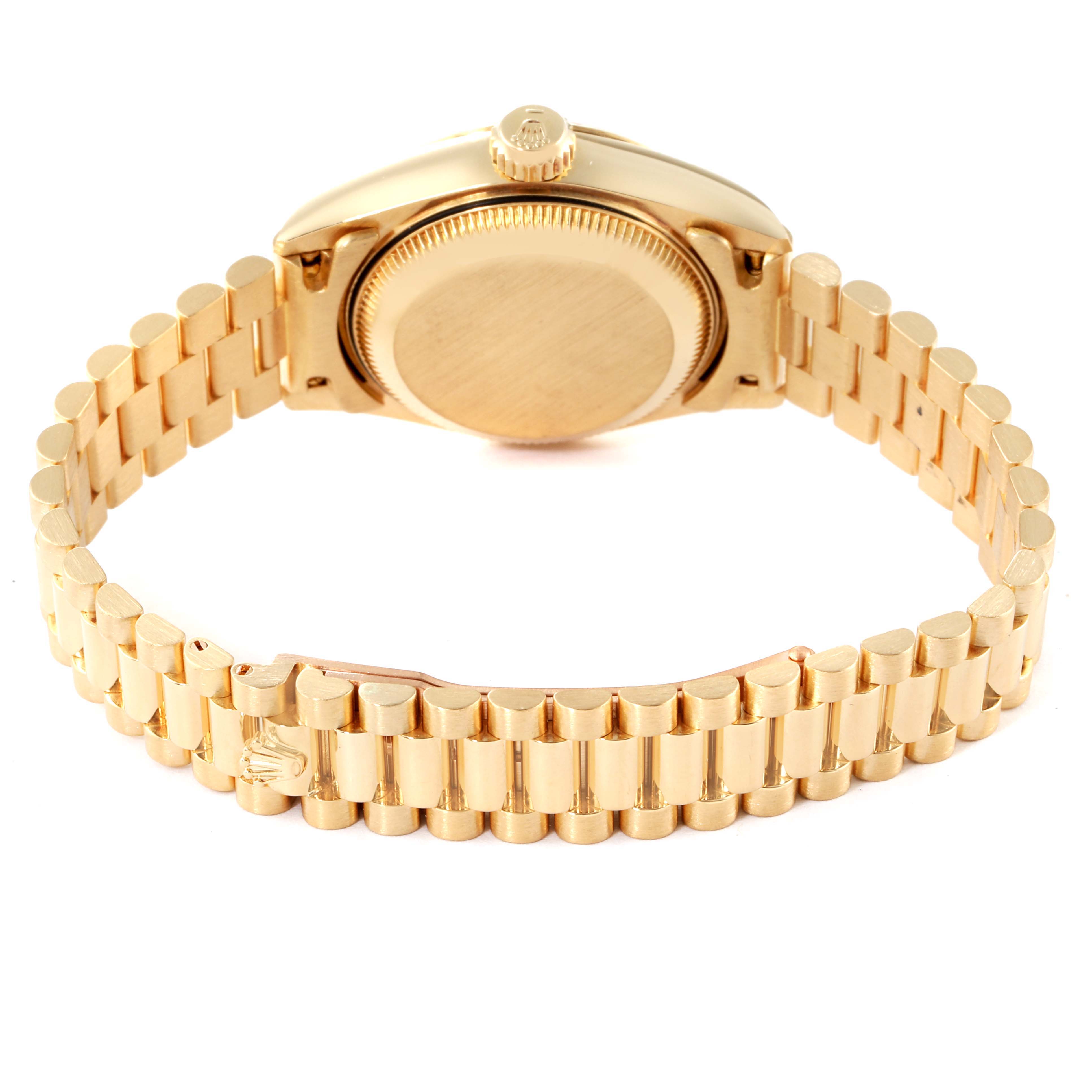 The image shows the back case and bracelet of the Rolex President 69178 Women
s Yellow Gold Champagne Dial 69178 Women
s Yellow Gold Champagne Dial model watch from a rear angle.