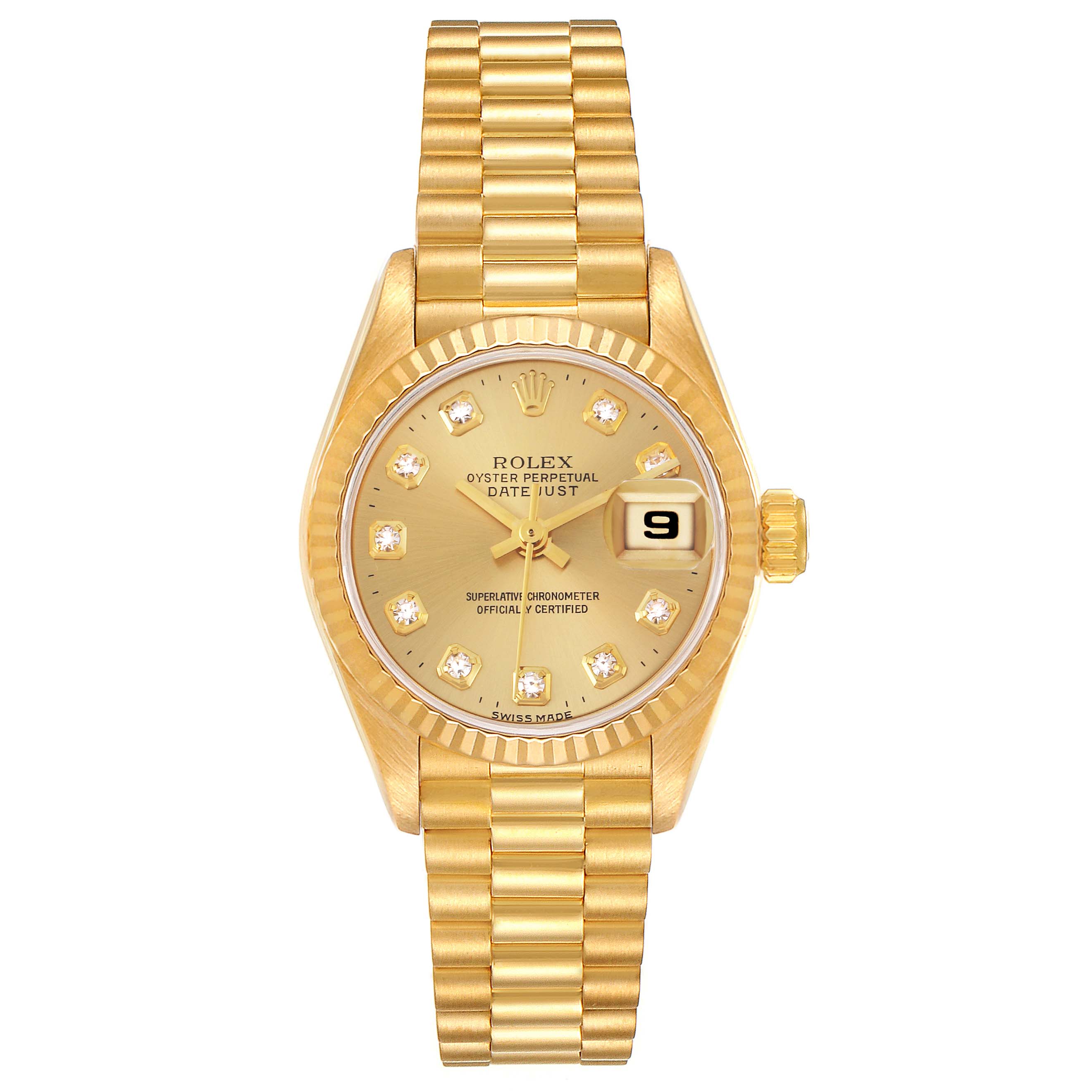This is a front-facing view of the Rolex President 69178 Women
s Yellow Gold Champagne Dial 69178 Women
s Yellow Gold Champagne Dial model watch, displaying the dial, bezel, and bracelet.