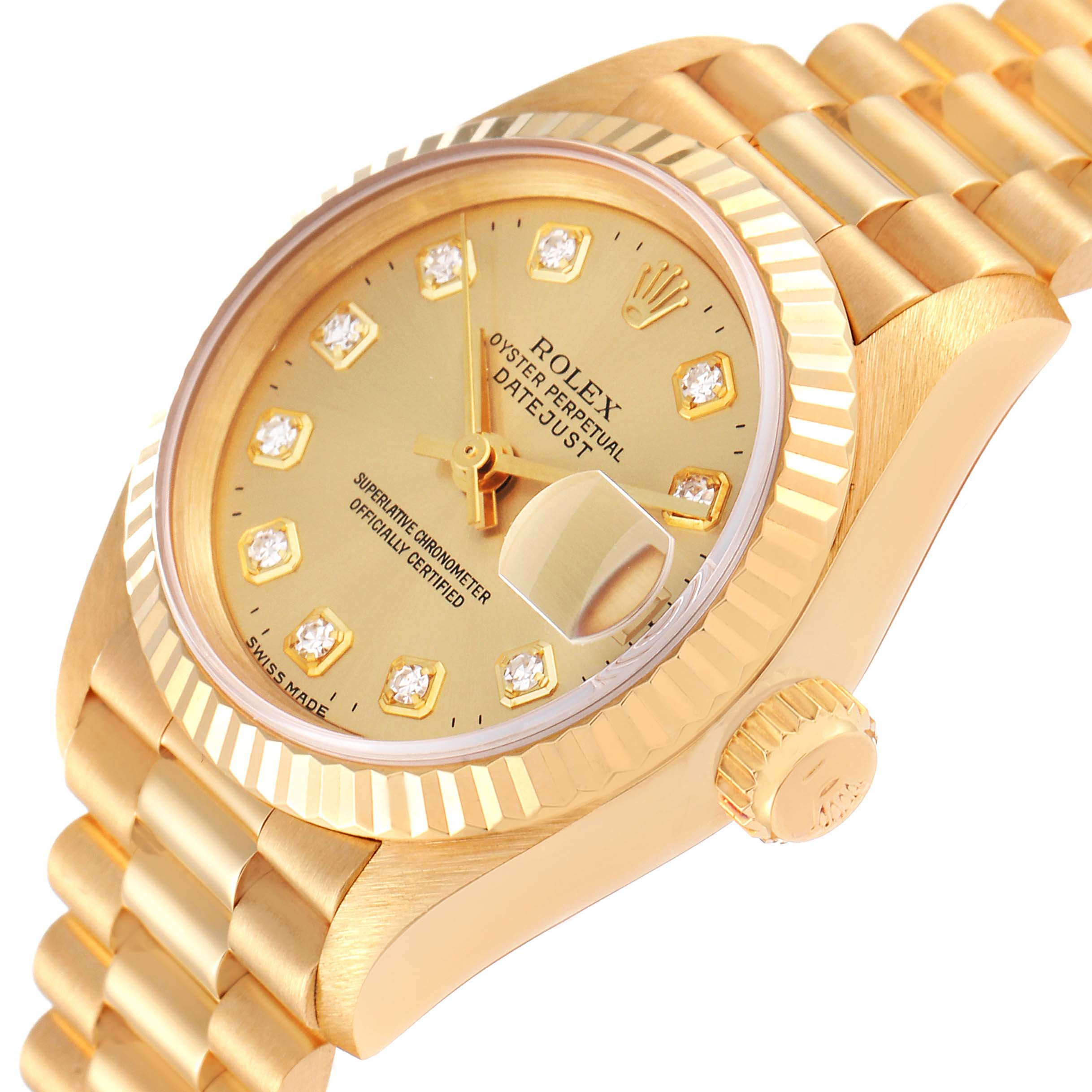 The image shows a close-up of the Rolex President 69178 Women
s Yellow Gold Champagne Dial 69178 Women
s Yellow Gold Champagne Dial model watch face, crown, and bracelet at a slightly angled view.