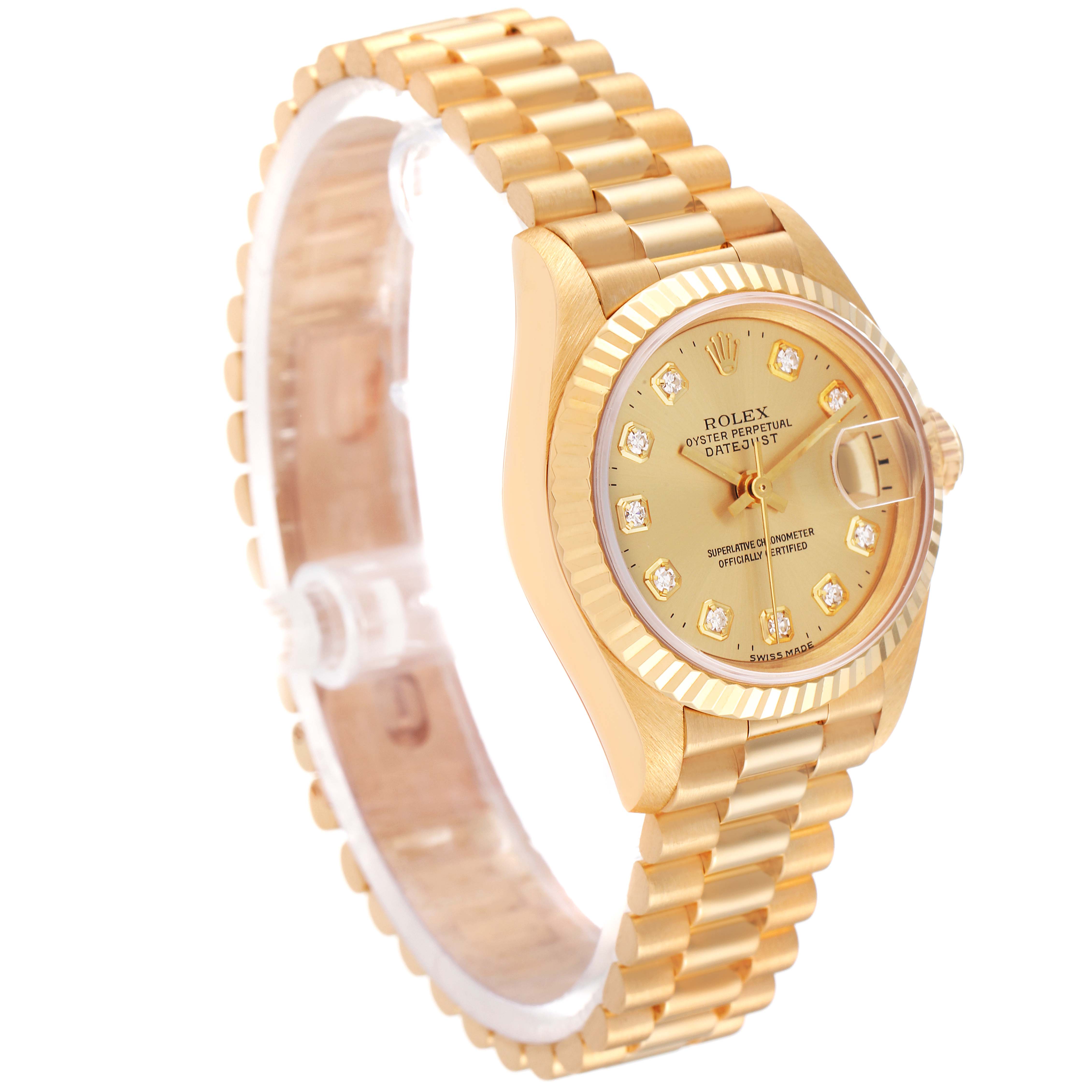 The image shows a Rolex President 69178 Women
s Yellow Gold Champagne Dial 69178 Women
s Yellow Gold Champagne Dial model watch from an oblique front angle, highlighting its gold dial, diamond markers, fluted bezel, and bracelet.