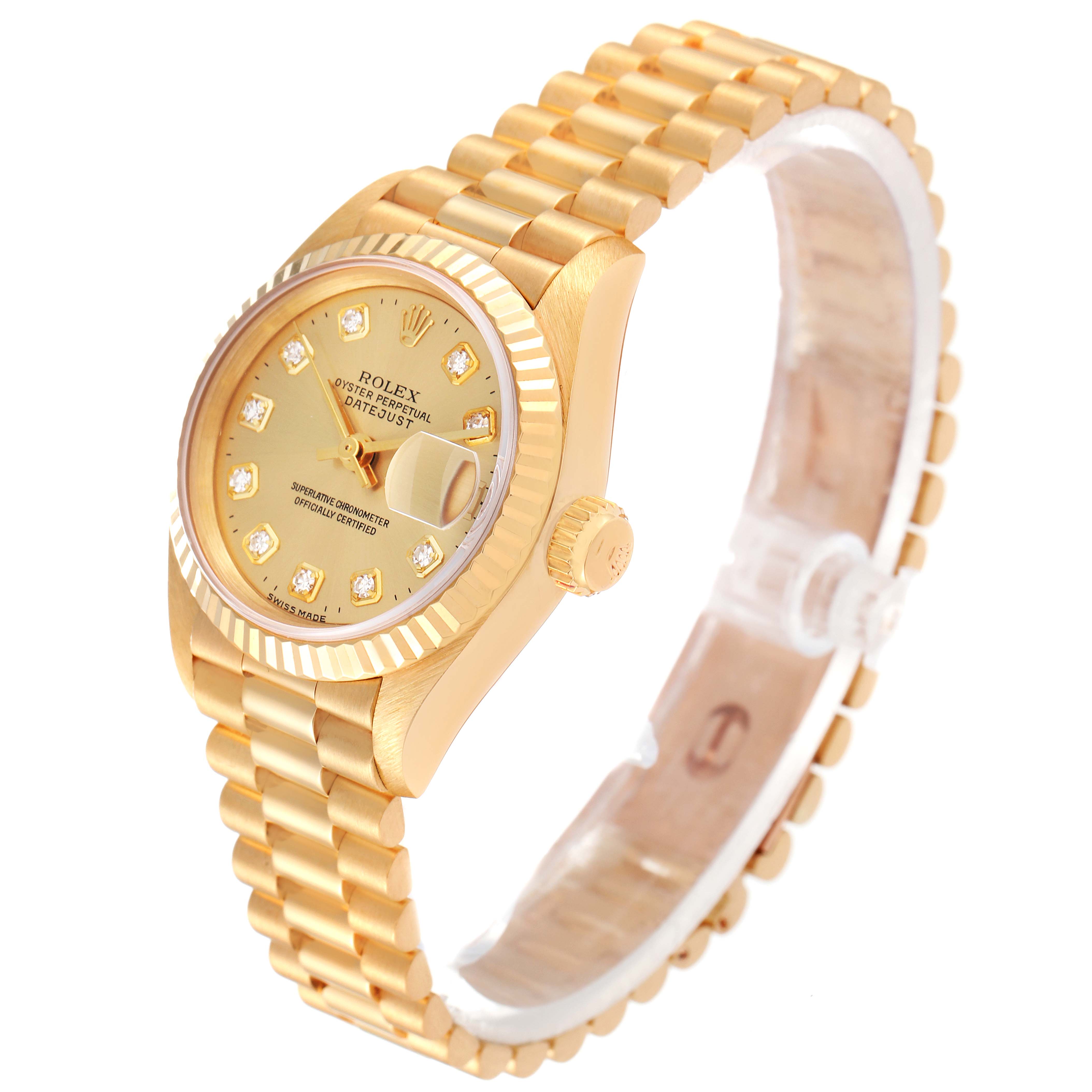 The image shows a side angle of a Rolex President 69178 Women
s Yellow Gold Champagne Dial 69178 Women
s Yellow Gold Champagne Dial model watch, highlighting the gold band, crown, and diamond-set dial.