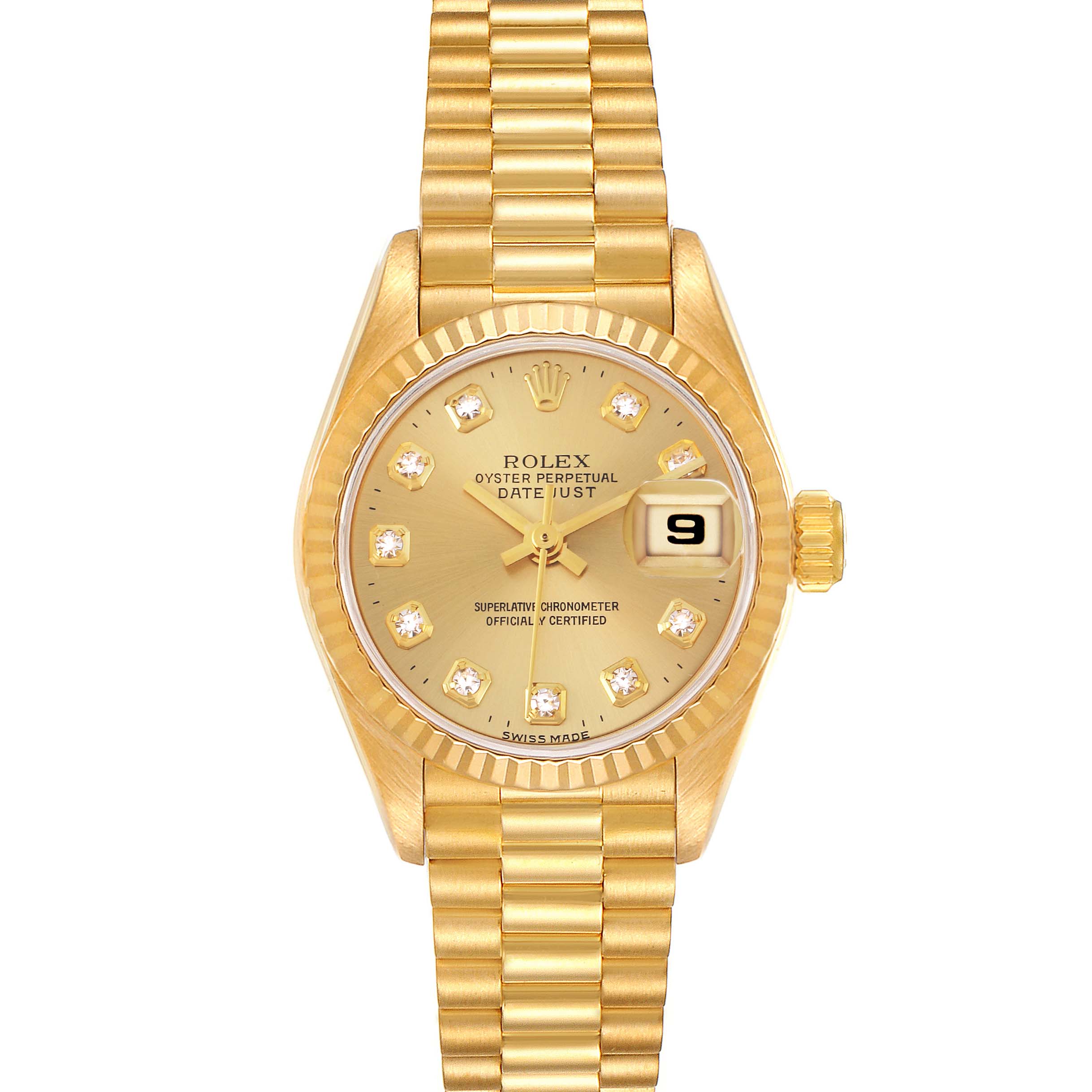 The Rolex President 69178 Women
s Yellow Gold Champagne Dial 69178 Women
s Yellow Gold Champagne Dial model watch is shown from a top-down angle, displaying the dial, bracelet, and crown.