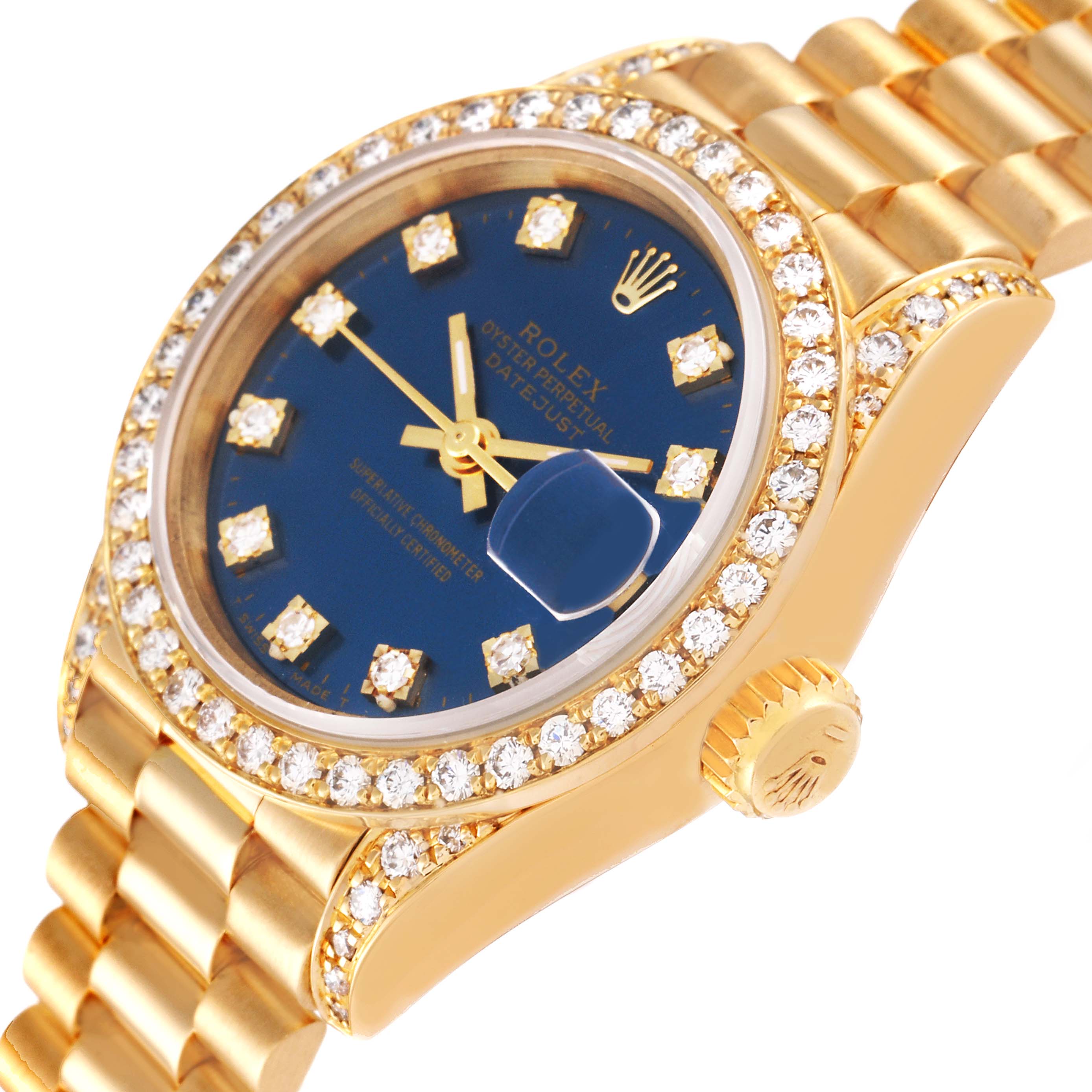 The image shows a Rolex President 69158 Women's Yellow Gold Blue Dial 69158 Women's Yellow Gold Blue Dial model watch at an angle highlighting the bezel, dial, and bracelet.
