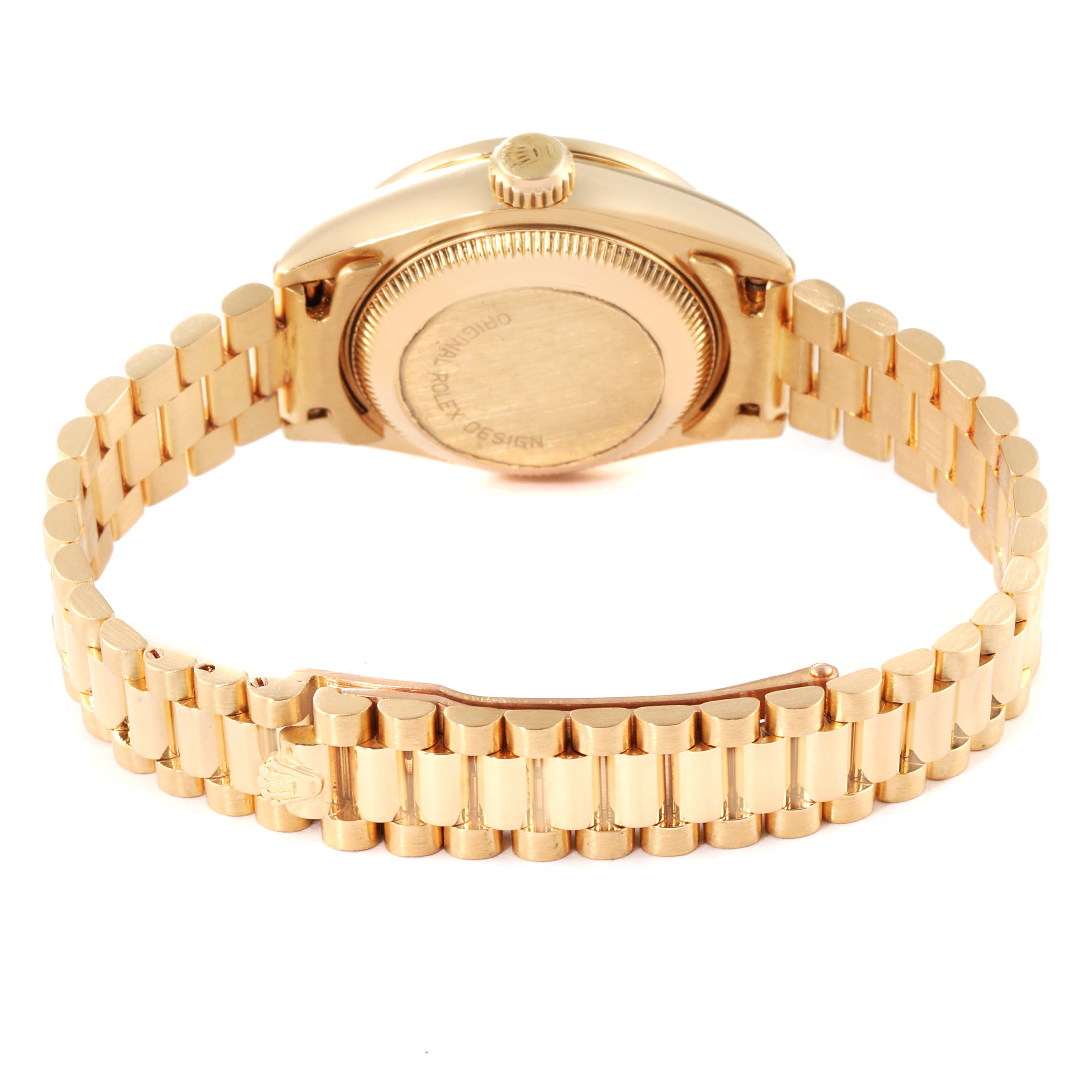 This image shows the back case and bracelet of a Rolex President 69158 Women's Yellow Gold Blue Dial 69158 Women's Yellow Gold Blue Dial model watch from a rear angle.