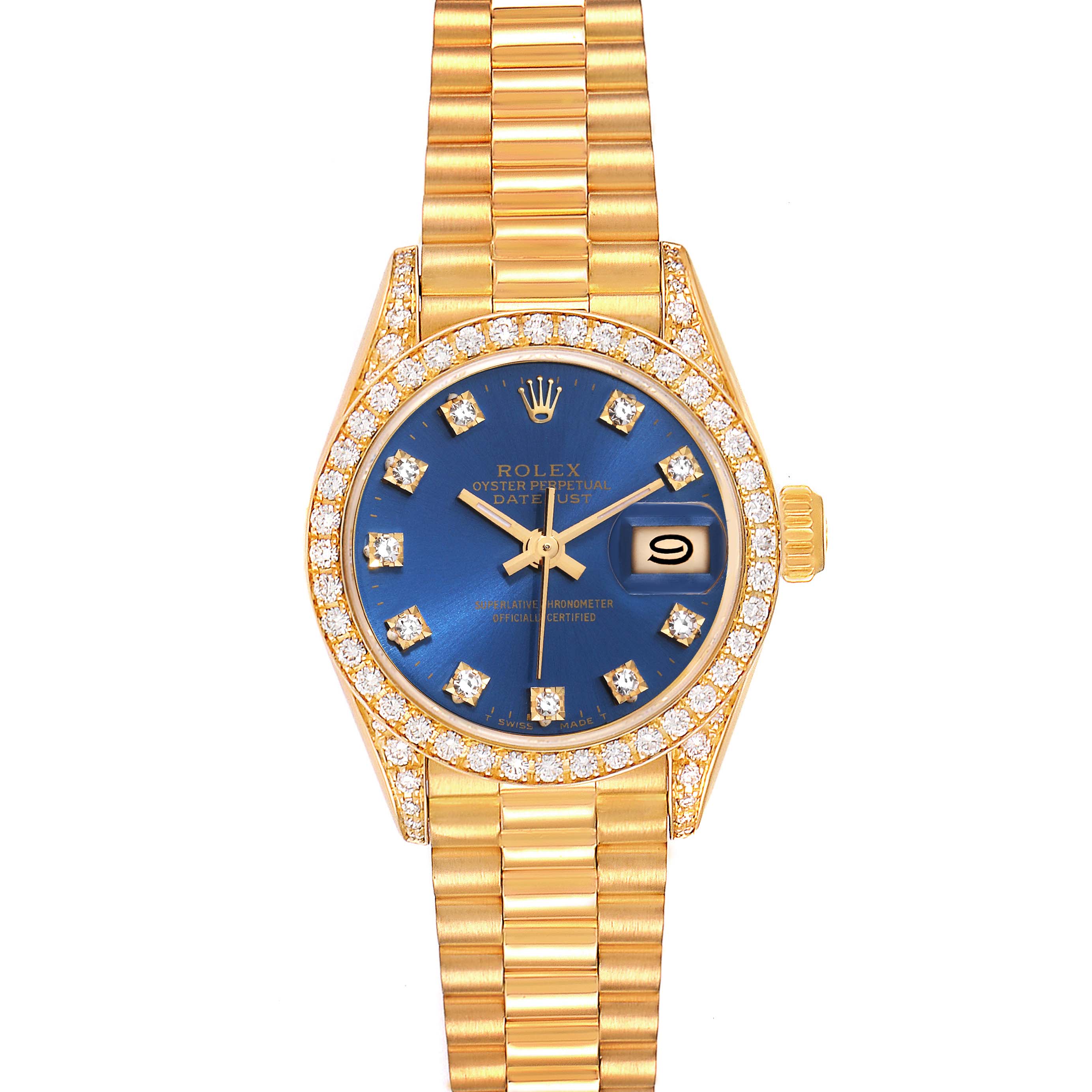 The image shows a front view of a Rolex President 69158 Women's Yellow Gold Blue Dial 69158 Women's Yellow Gold Blue Dial model watch with a blue dial, gold bracelet, and diamond-encrusted bezel.