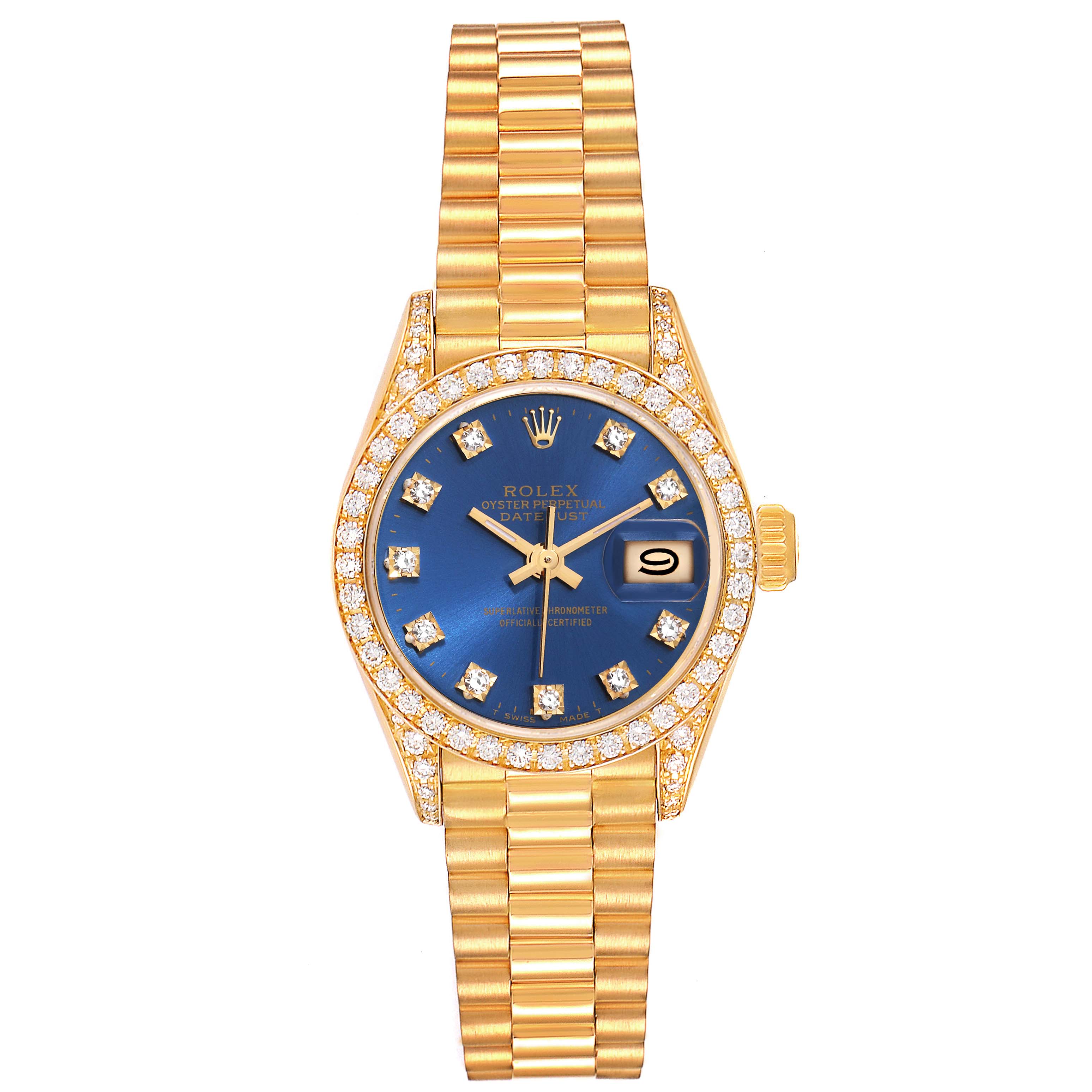 The image shows a front view of a Rolex President 69158 Women's Yellow Gold Blue Dial 69158 Women's Yellow Gold Blue Dial watch with a blue dial, diamond bezel, diamond hour markers, and a gold bracelet.