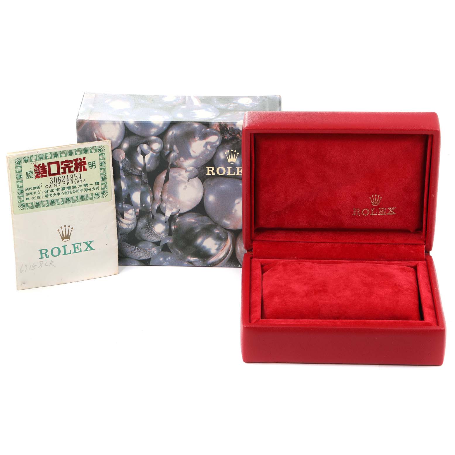 The image shows the Rolex President 69158 Women's Yellow Gold Blue Dial 69158 Women's Yellow Gold Blue Dial model's box, outer packaging, and accompanying booklet.