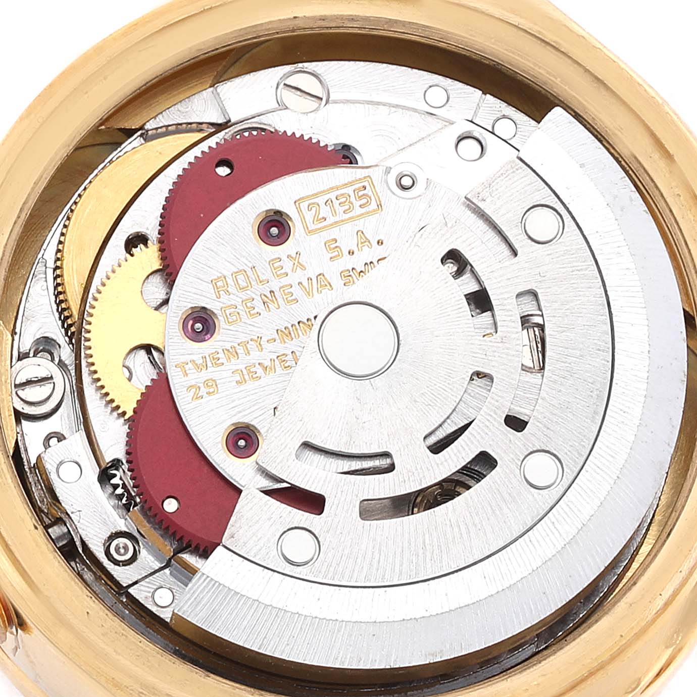 This image shows the internal mechanism of a Rolex President 69158 Women's Yellow Gold Blue Dial 69158 Women's Yellow Gold Blue Dial model watch, viewed from the back.