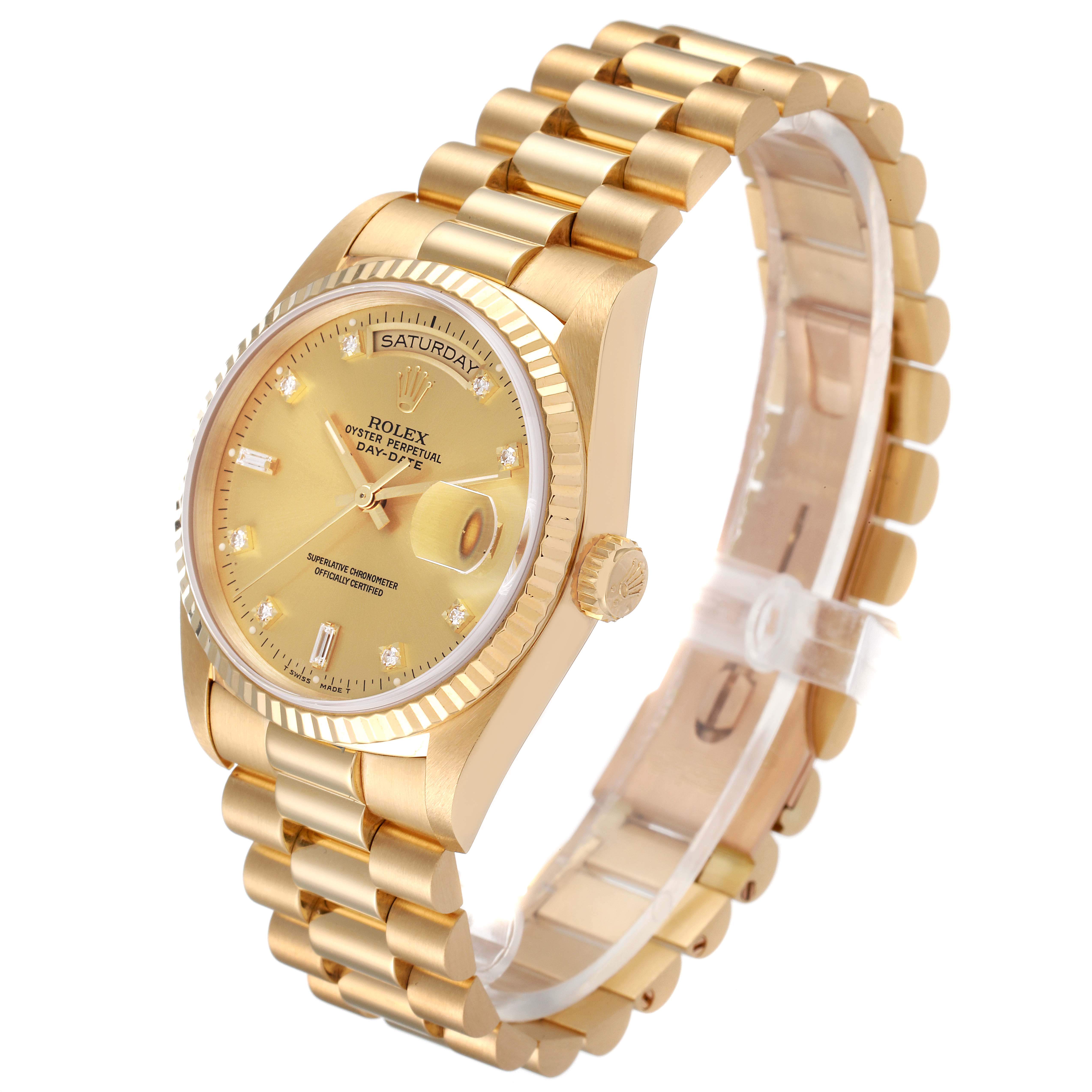 This image shows a side and front angle of the Rolex President 18238 Men's Yellow Gold Champagne Dial 18238 Men's Yellow Gold Champagne Dial model watch, highlighting its gold band and face.