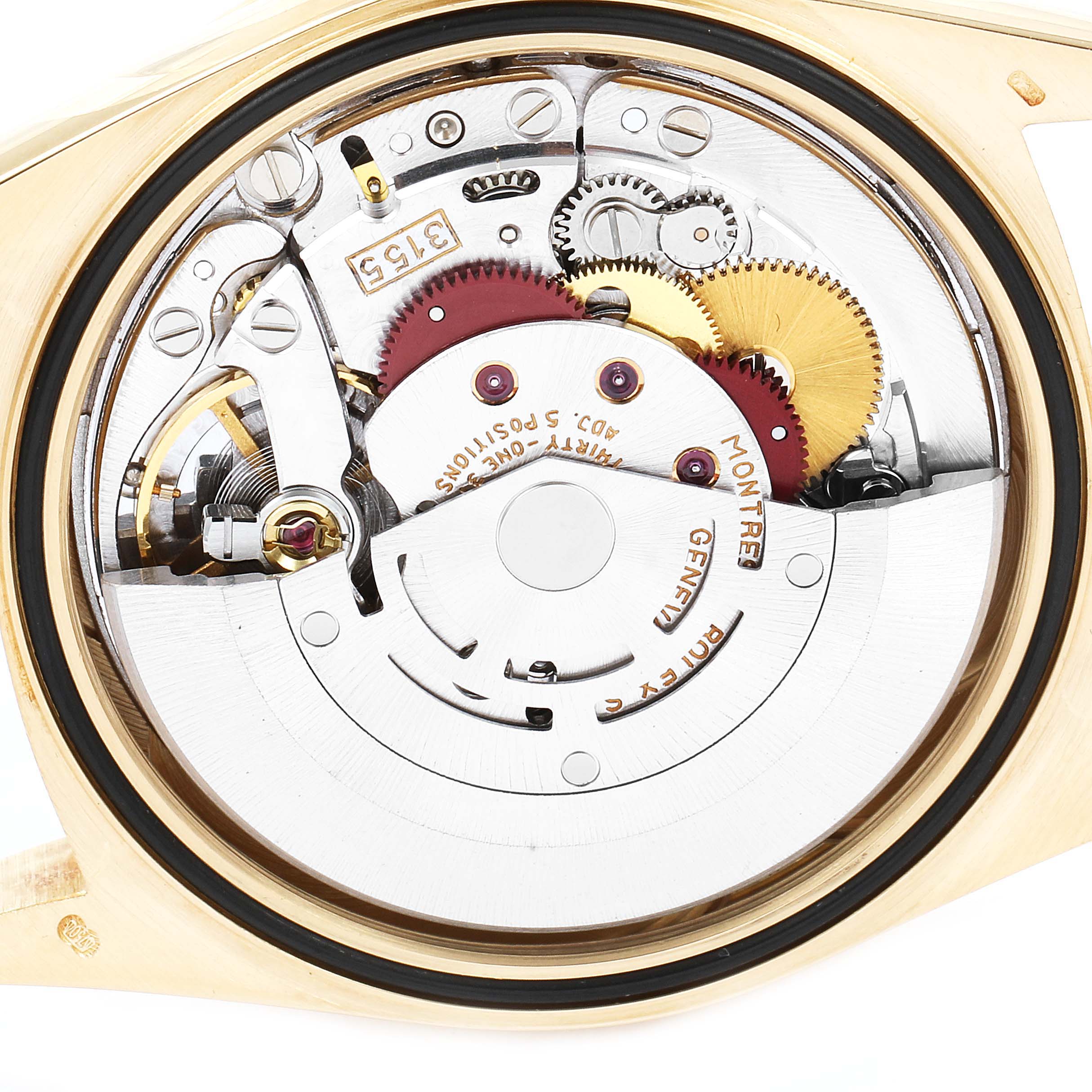 This image displays the internal mechanism and movement of a Rolex President 18238 Men's Yellow Gold Champagne Dial 18238 Men's Yellow Gold Champagne Dial model watch from a top-down angle.