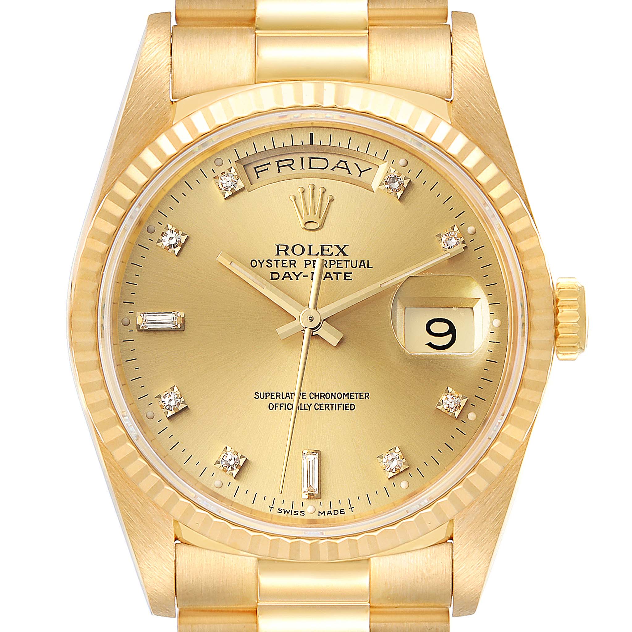 This image shows a frontal view of the Rolex President 18238 Men's Yellow Gold Champagne Dial 18238 Men's Yellow Gold Champagne Dial Day-Date watch, highlighting the dial, day-date display, and part of the bracelet.