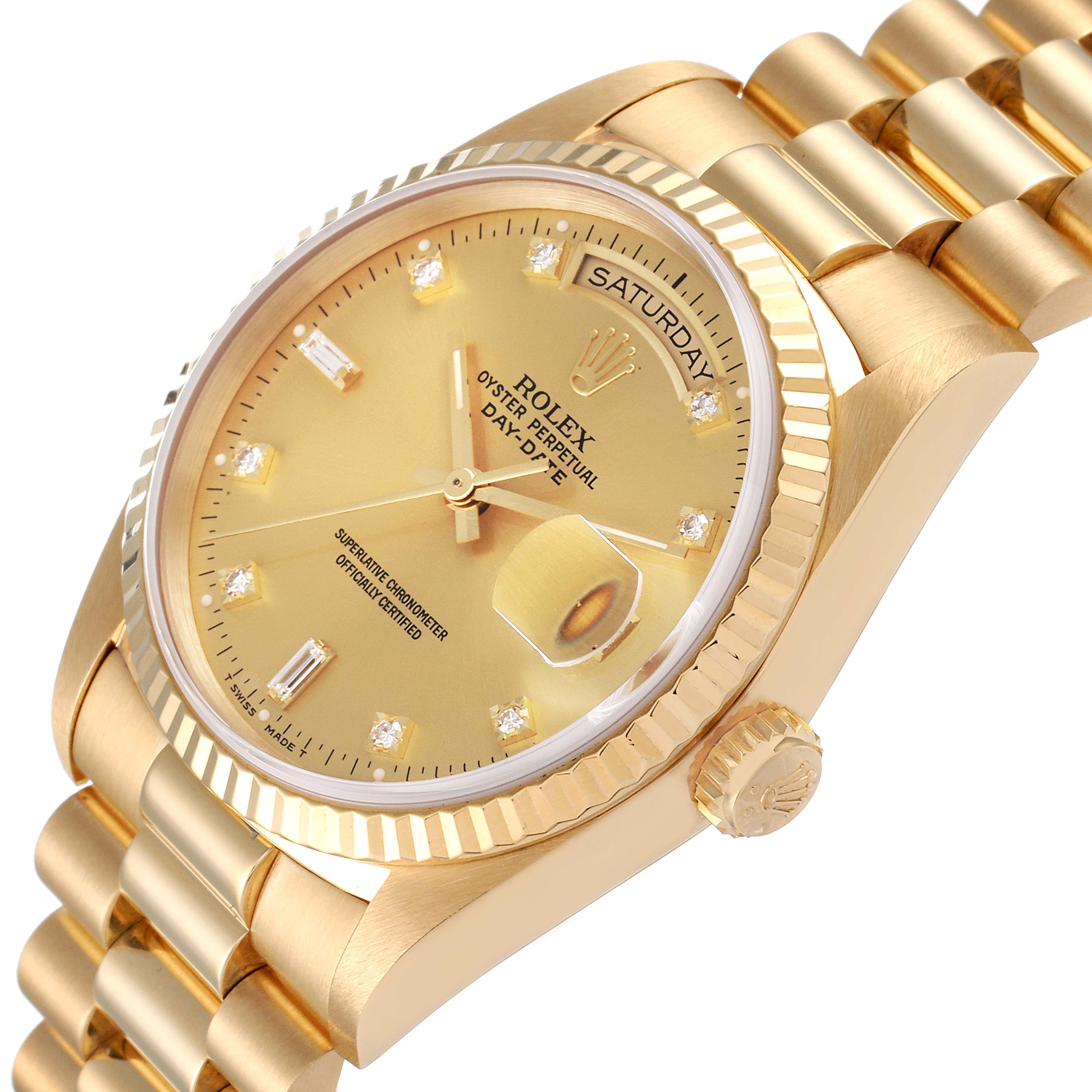The image shows a Rolex President 18238 Men's Yellow Gold Champagne Dial 18238 Men's Yellow Gold Champagne Dial model watch viewed from a slightly angled perspective, showcasing the dial, bezel, and bracelet.