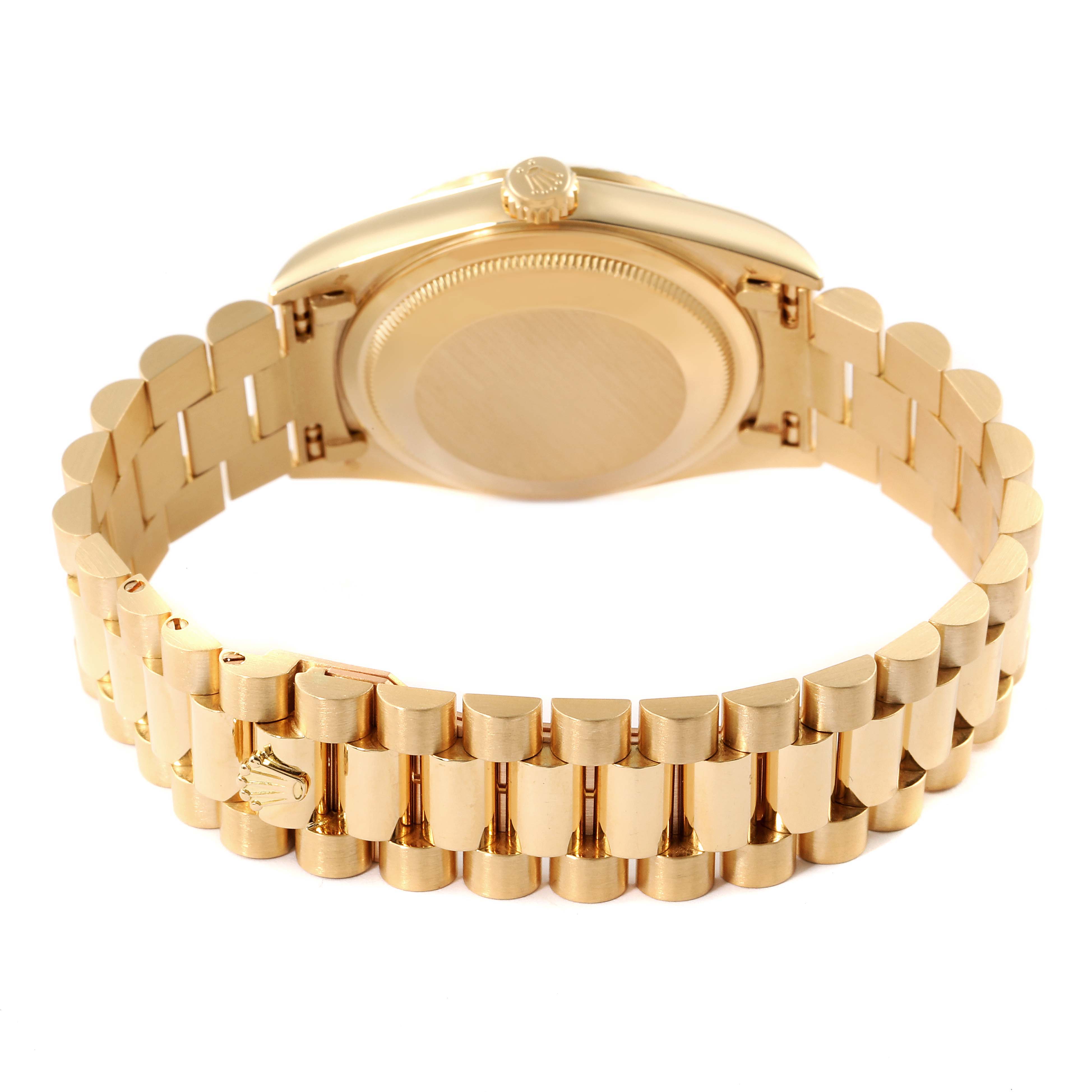 This image shows the back and bracelet of a Rolex President 18238 Men's Yellow Gold Champagne Dial 18238 Men's Yellow Gold Champagne Dial model watch from a rear angle.