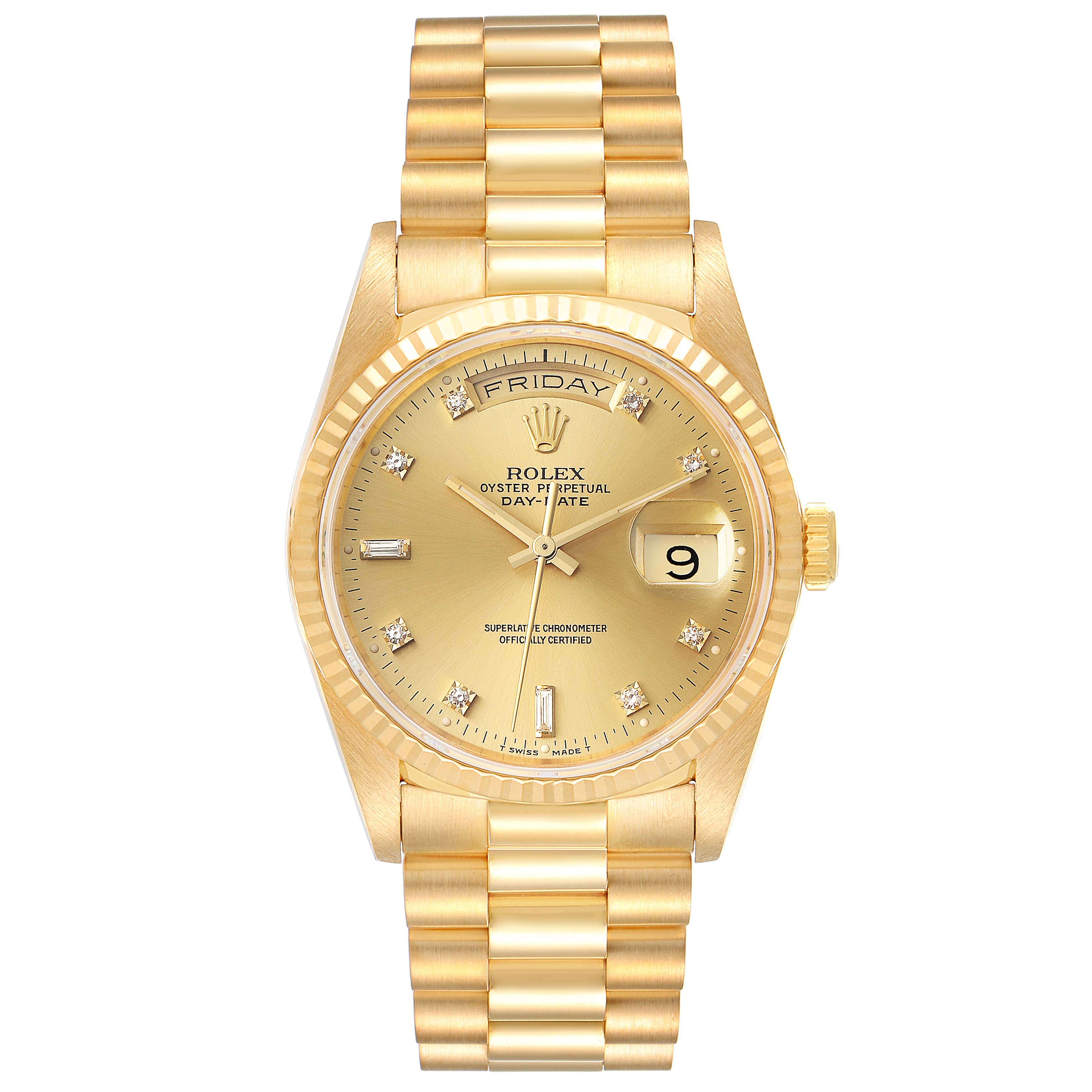 The image shows a front view of a gold Rolex President 18238 Men's Yellow Gold Champagne Dial 18238 Men's Yellow Gold Champagne Dial model watch, displaying the day, date, and diamond hour markers.