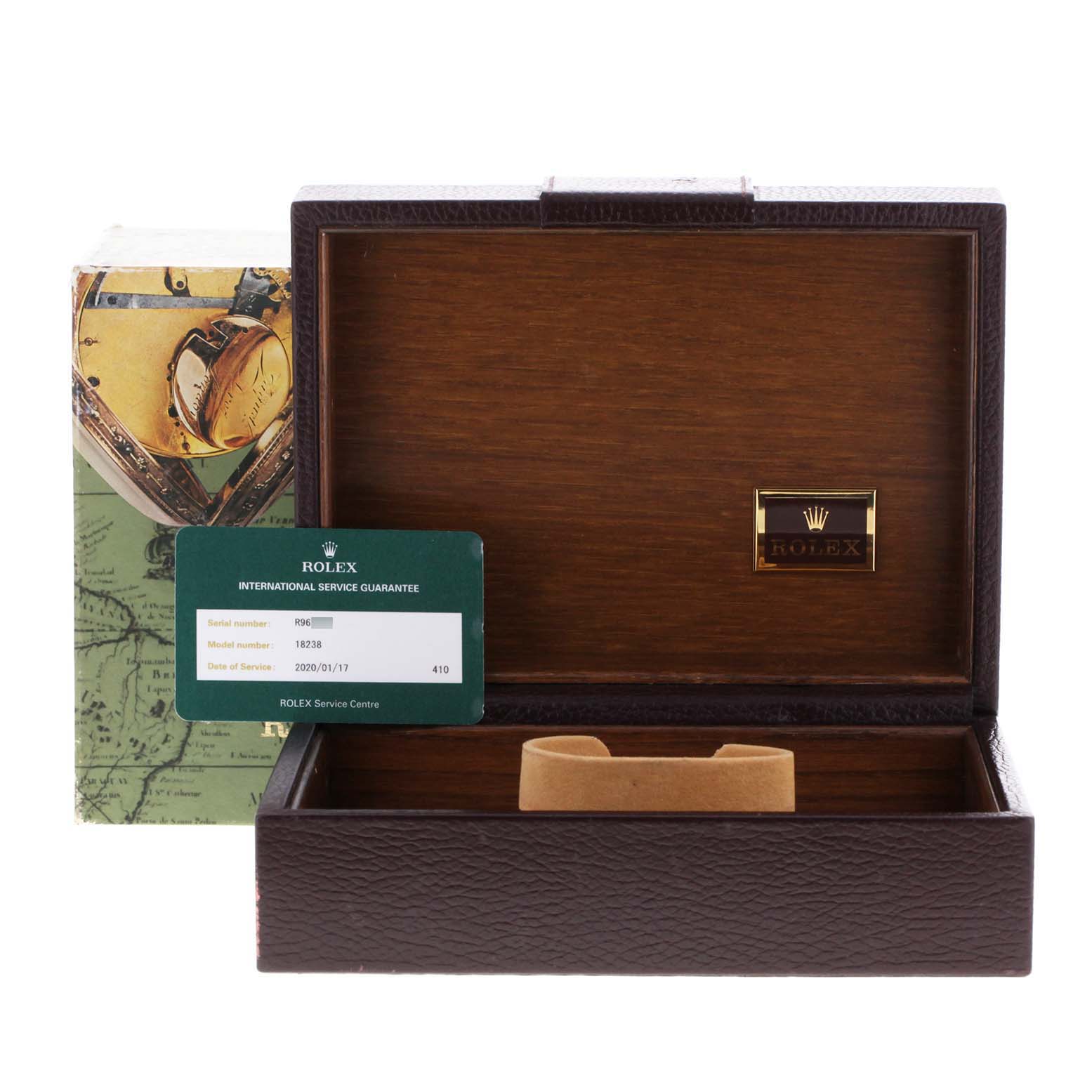 The image shows a Rolex President 18238 Men's Yellow Gold Champagne Dial 18238 Men's Yellow Gold Champagne Dial model watch box, outer box, and an international service guarantee card, seen from the front.
