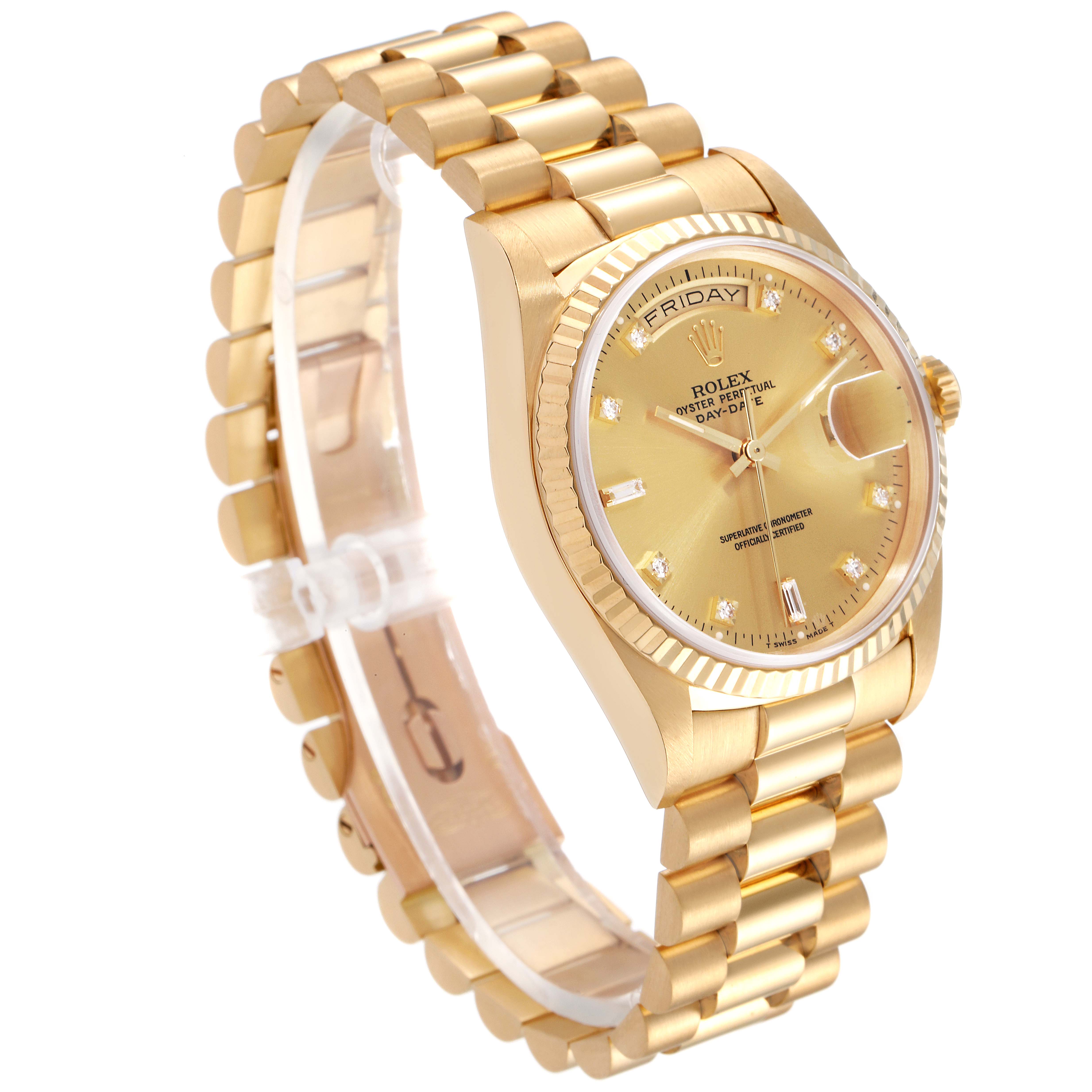 This image shows a side view of the Rolex President 18238 Men's Yellow Gold Champagne Dial 18238 Men's Yellow Gold Champagne Dial model, highlighting the gold bracelet, case, and dial.