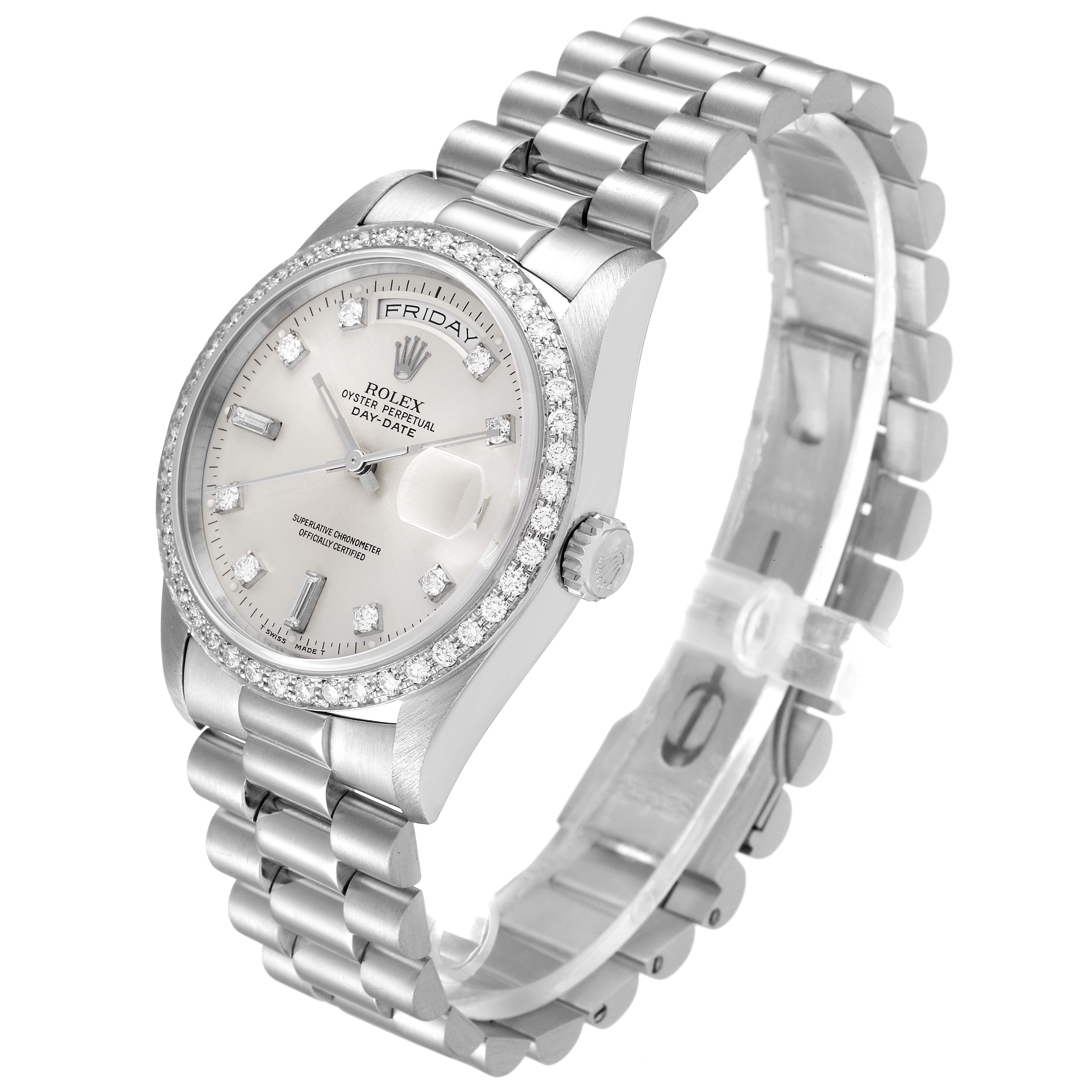 The Rolex President 18346 Men's Platinum Silver Dial 18346 Men's Platinum Silver Dial model watch is shown at a slight angle, displaying the face, bezel, crown, and part of the bracelet.