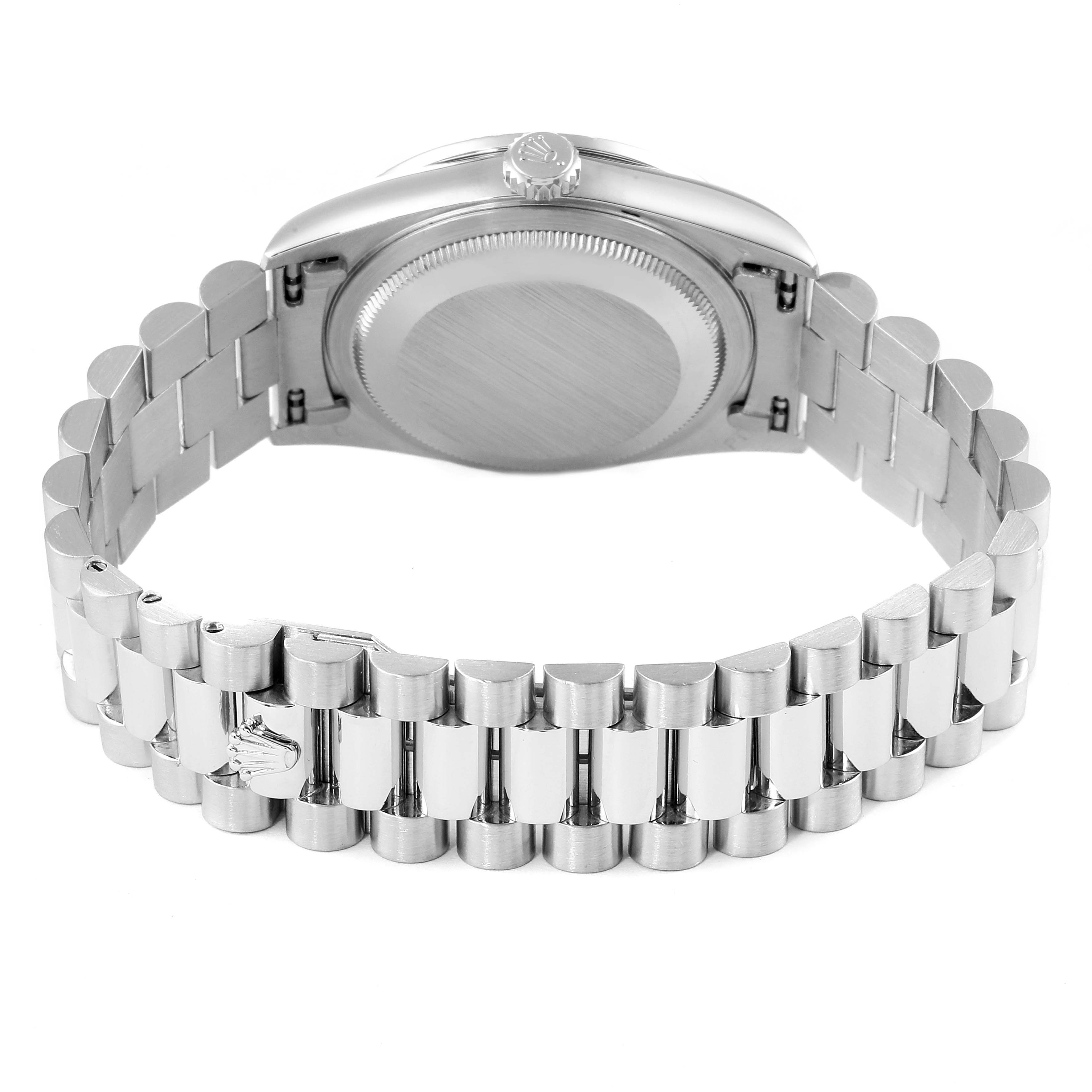 The image shows the back view of the Rolex President 18346 Men's Platinum Silver Dial 18346 Men's Platinum Silver Dial model watch, highlighting the case back and the bracelet.