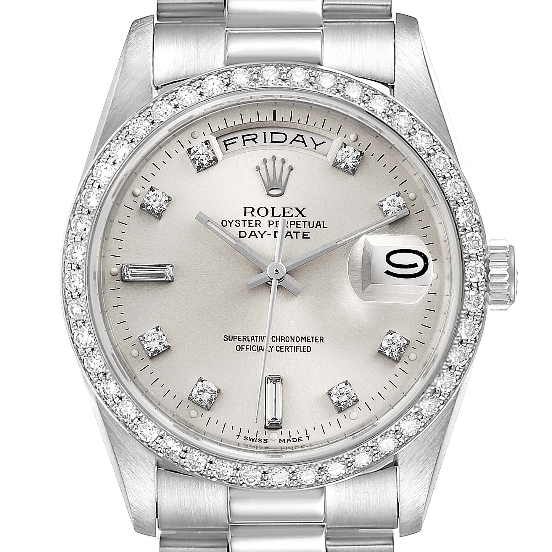 The image shows a frontal view of the Rolex President 18346 Men's Platinum Silver Dial 18346 Men's Platinum Silver Dial model watch, highlighting its bezel, dial, and bracelet.