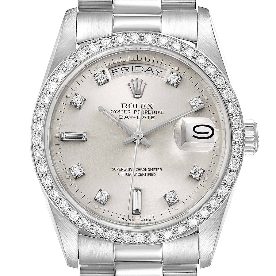 Rolex President Day-Date Silver Dial Platinum Diamond Mens Watch 18346 SwissWatchExpo