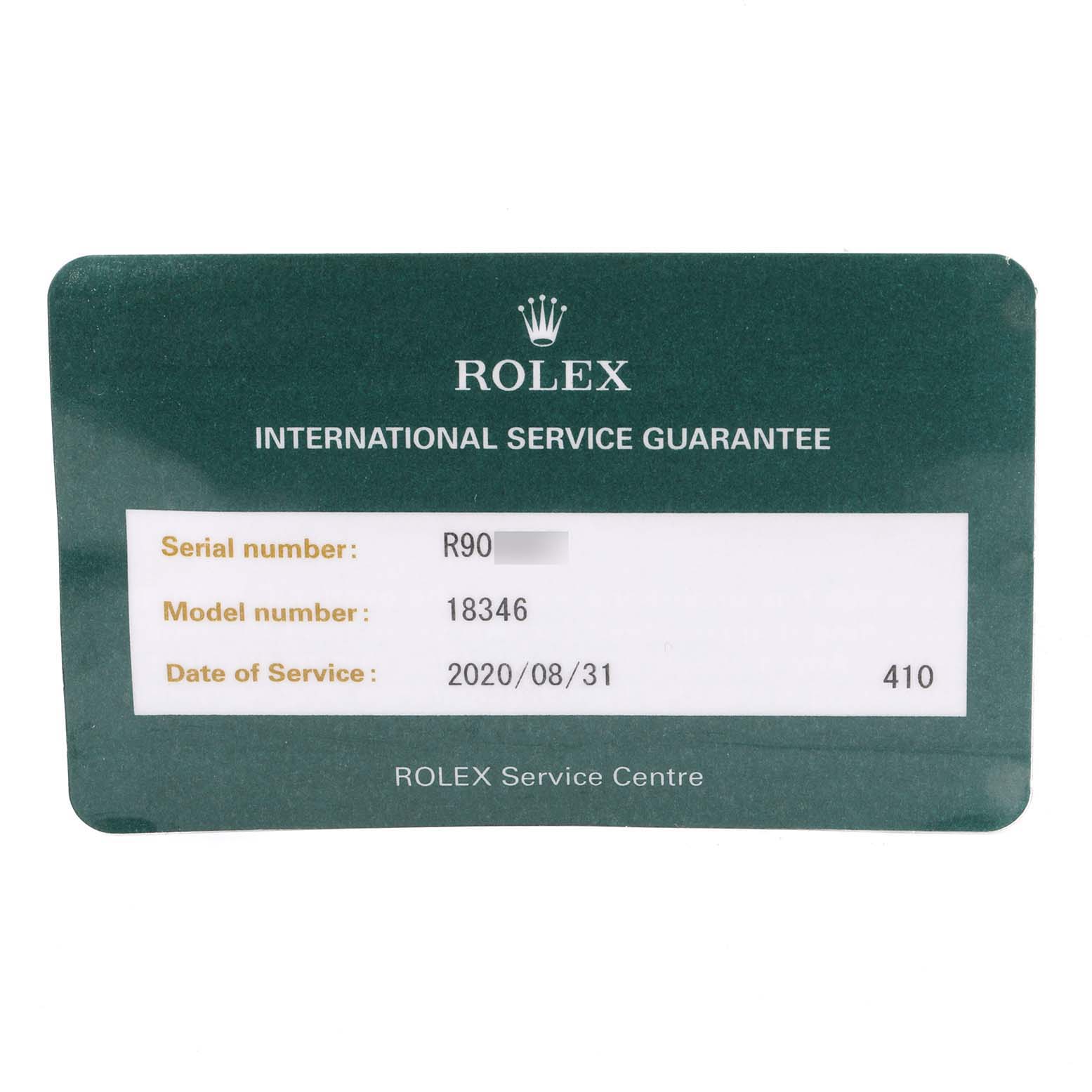 The image shows a Rolex International Service Guarantee card for the President model with serial and model numbers.